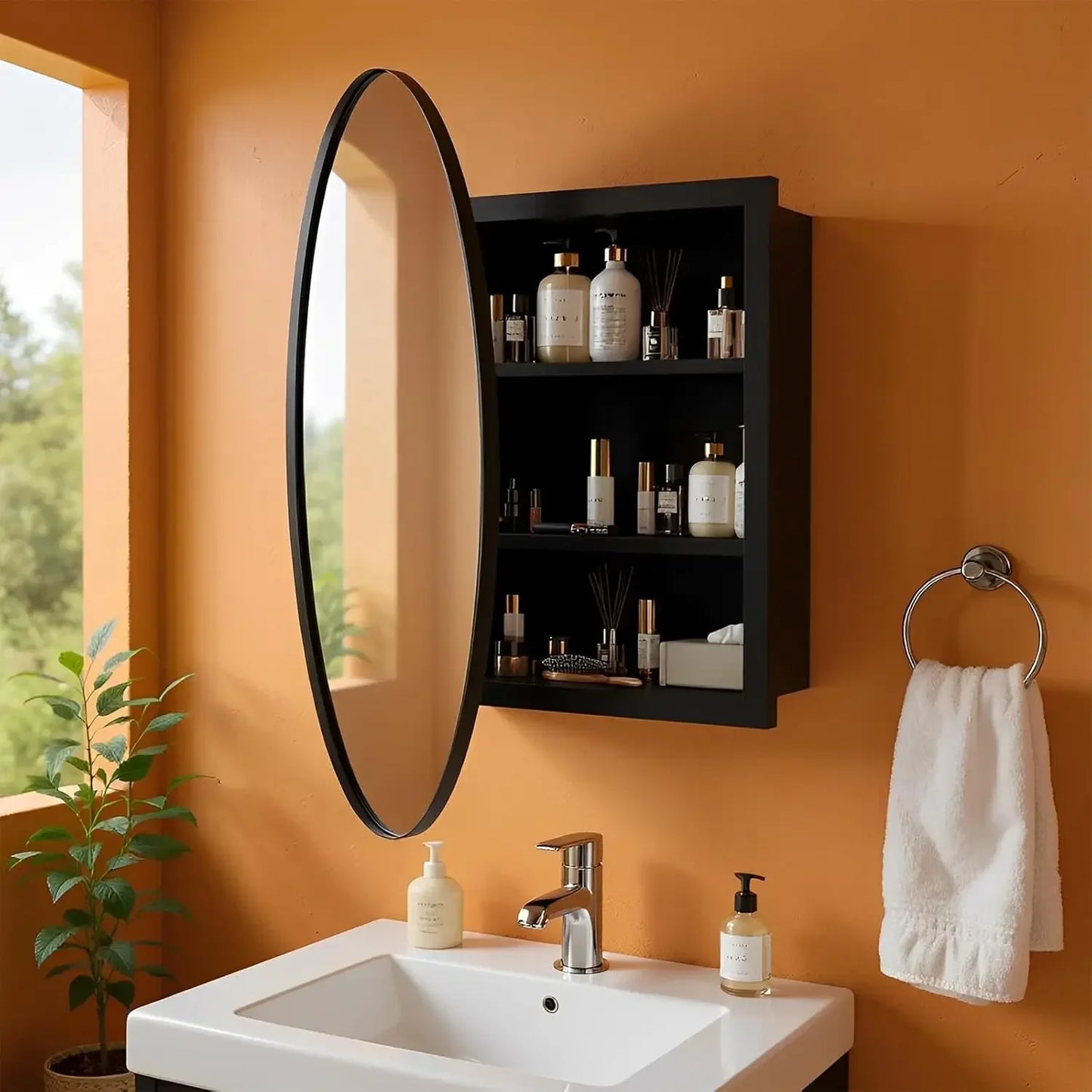Bathroom Round Wall Mounted Medicine Cabinet With Mirror And Shelves