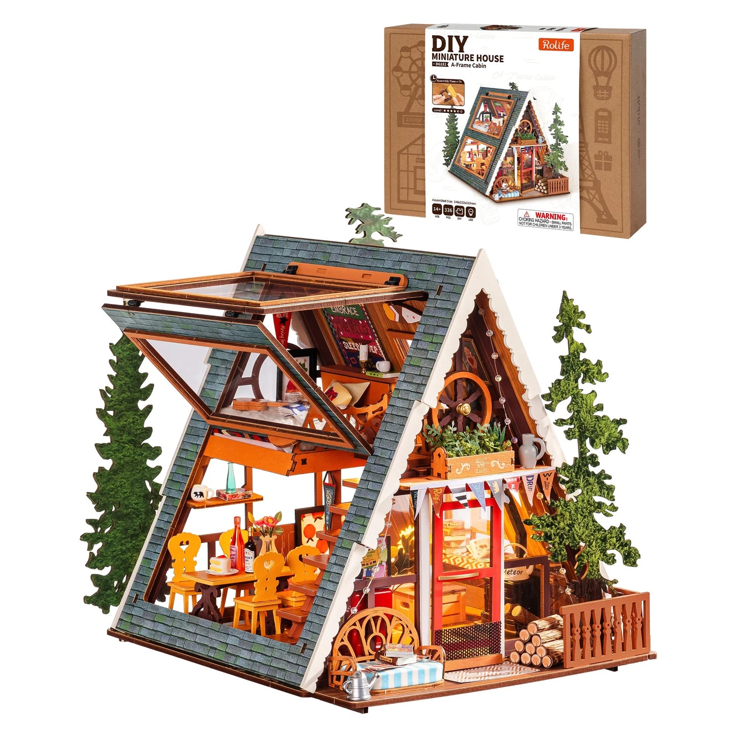 Rolife DIY Miniature House Kit A-Frame Cabin 3D Puzzle Dollhouse Building Model Kit with LED Home Decor Gifts for Adults Friends