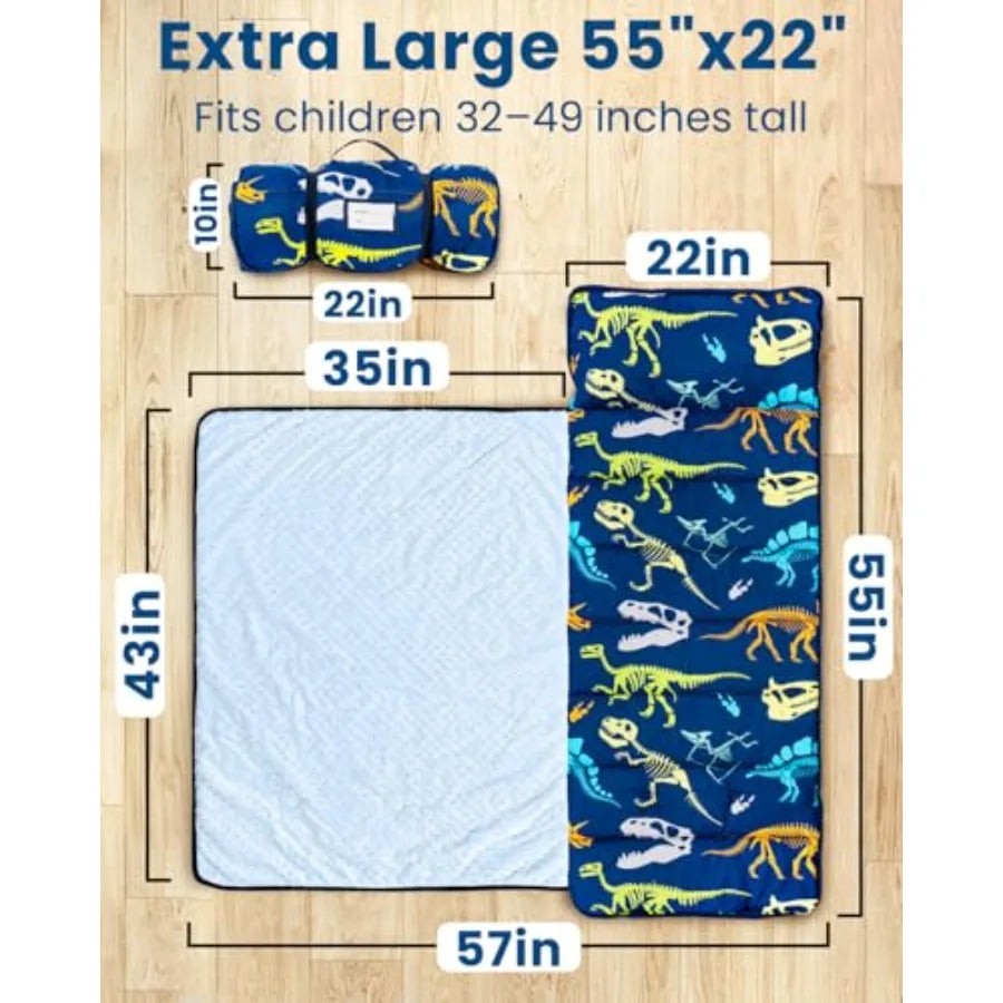 Toddler Nap Mat with Pillow and Minky Blanket Large 55"x38" Sleeping Bag Washable Lightweight Easy to Roll Perfect for Preschoo