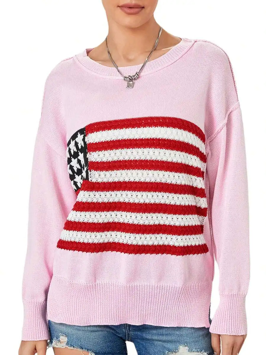 Women American Flag Knit Sweater Long Sleeve Loose Pullover Casual Streetwear Y2k Vintage