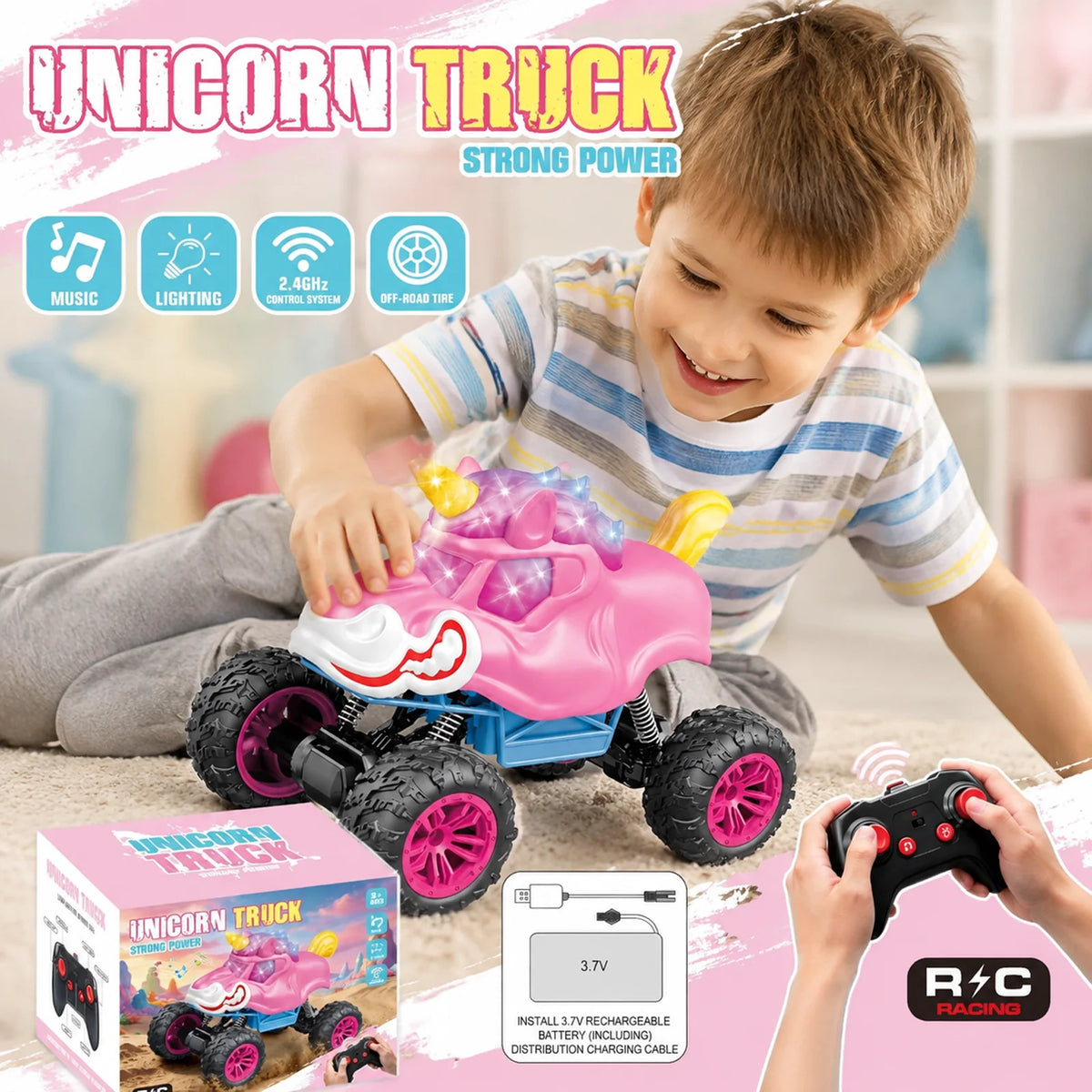Unicorn RC Monster Truck 2.4GHz Remote Control Stunt Car with LED Lights Music 360° Rotation Off Road Vehicle Kids Birthday Gift