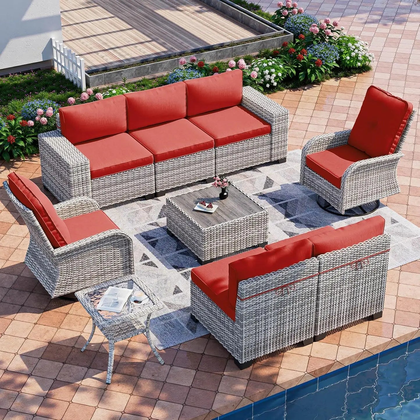 9-Piece Outdoor Patio Furniture Set with Rocking Swivel Chair Wicker Sectional Sofa Set, Patio Conversation Set with, Custom