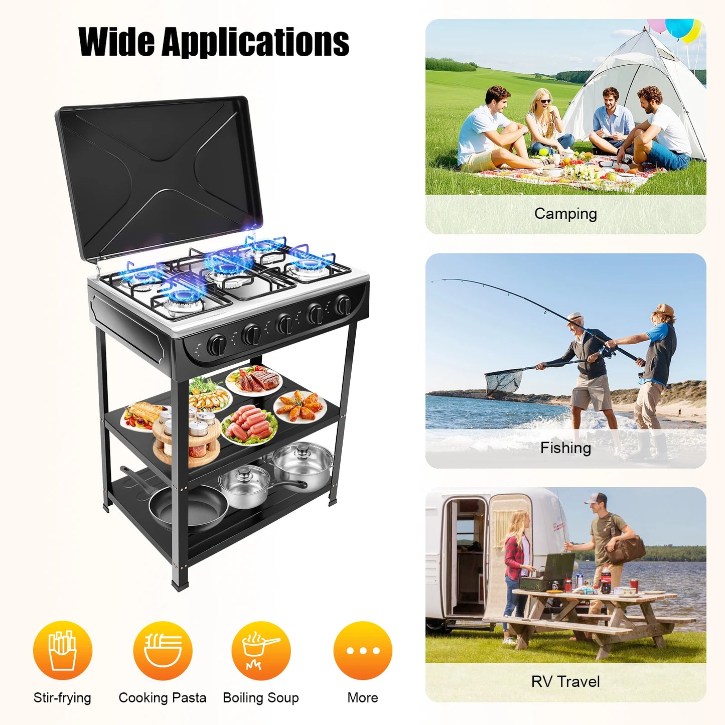 Outdoor 5 Burner Gas Stove With Manual Ignition And Boards