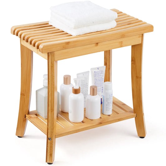 SucceBuy Bamboo Shower Bench With Storage Shelf 330lb Capacity