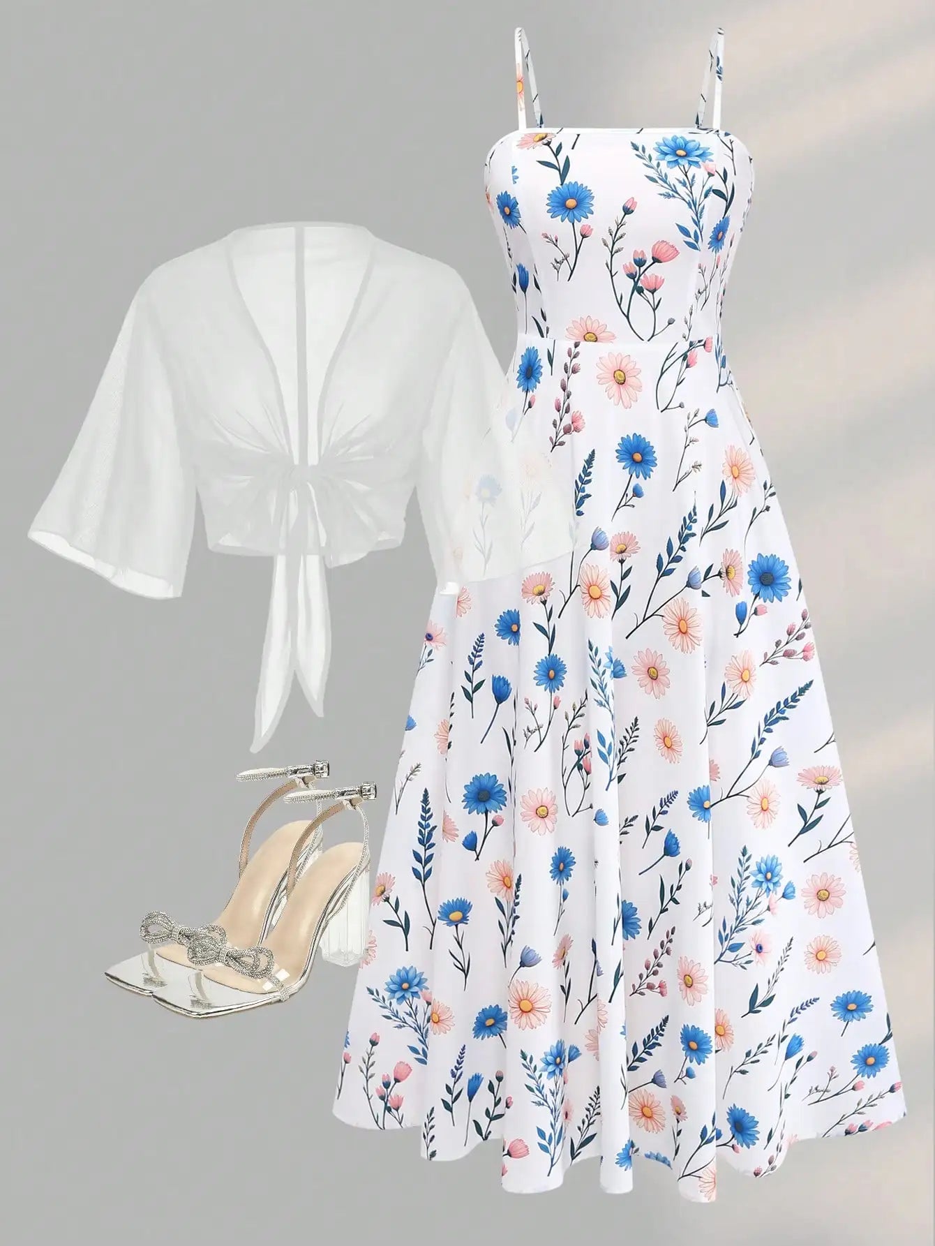2 Pieces Women's Floral Chiffon Dress Elegant Romantic Date Outfit Spring Summer