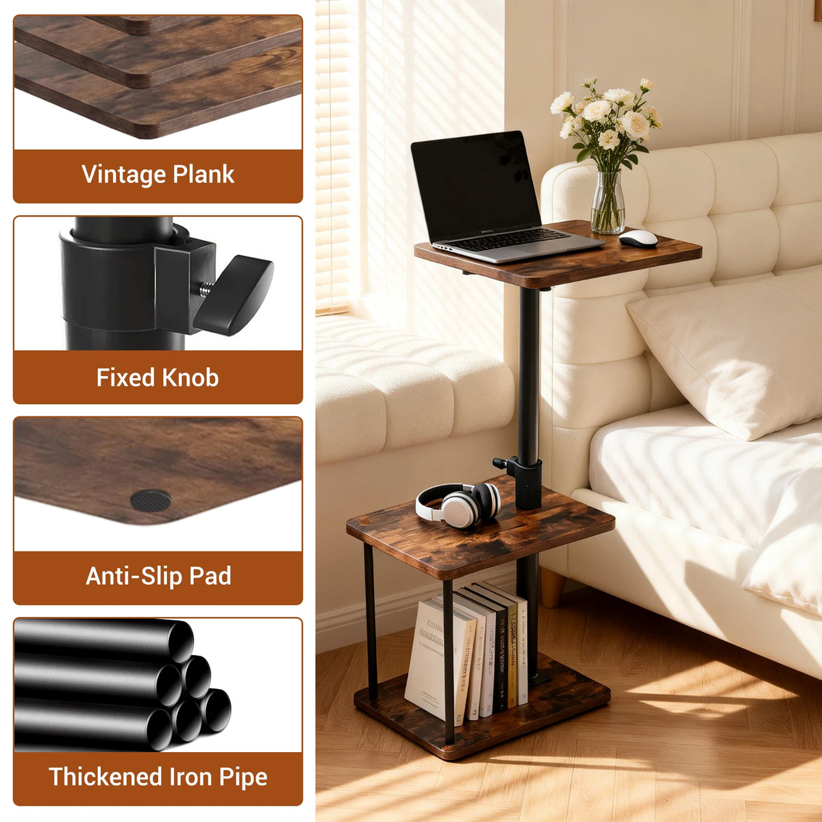 Adjustable Height 360° Swivel C Shaped Side Table With 3 Tier Storage, Space Saving Sofa Bed Laptop Table, Home Office Bedroom