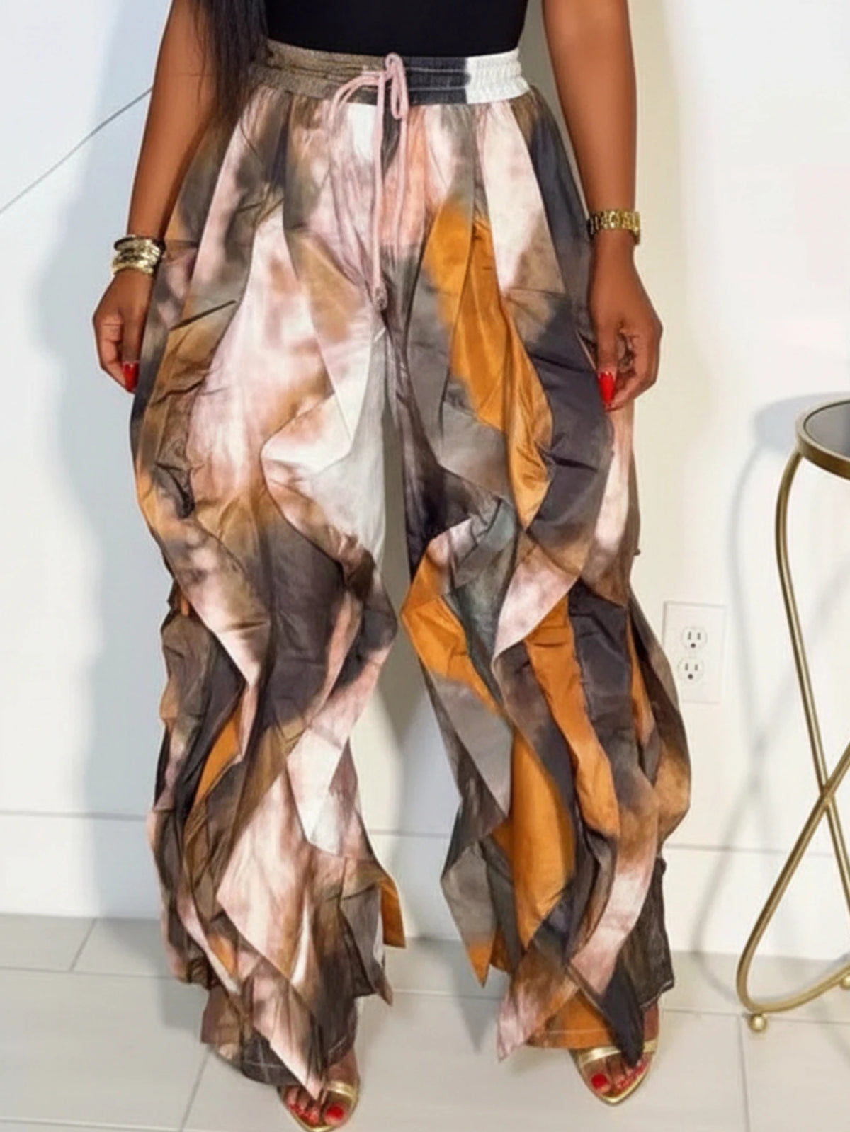 Women's Sleeveless Scoop Neck Cami Top Matching Abstract Print Ruffle Long Pants For Daily Street Brunch Casual Occasions