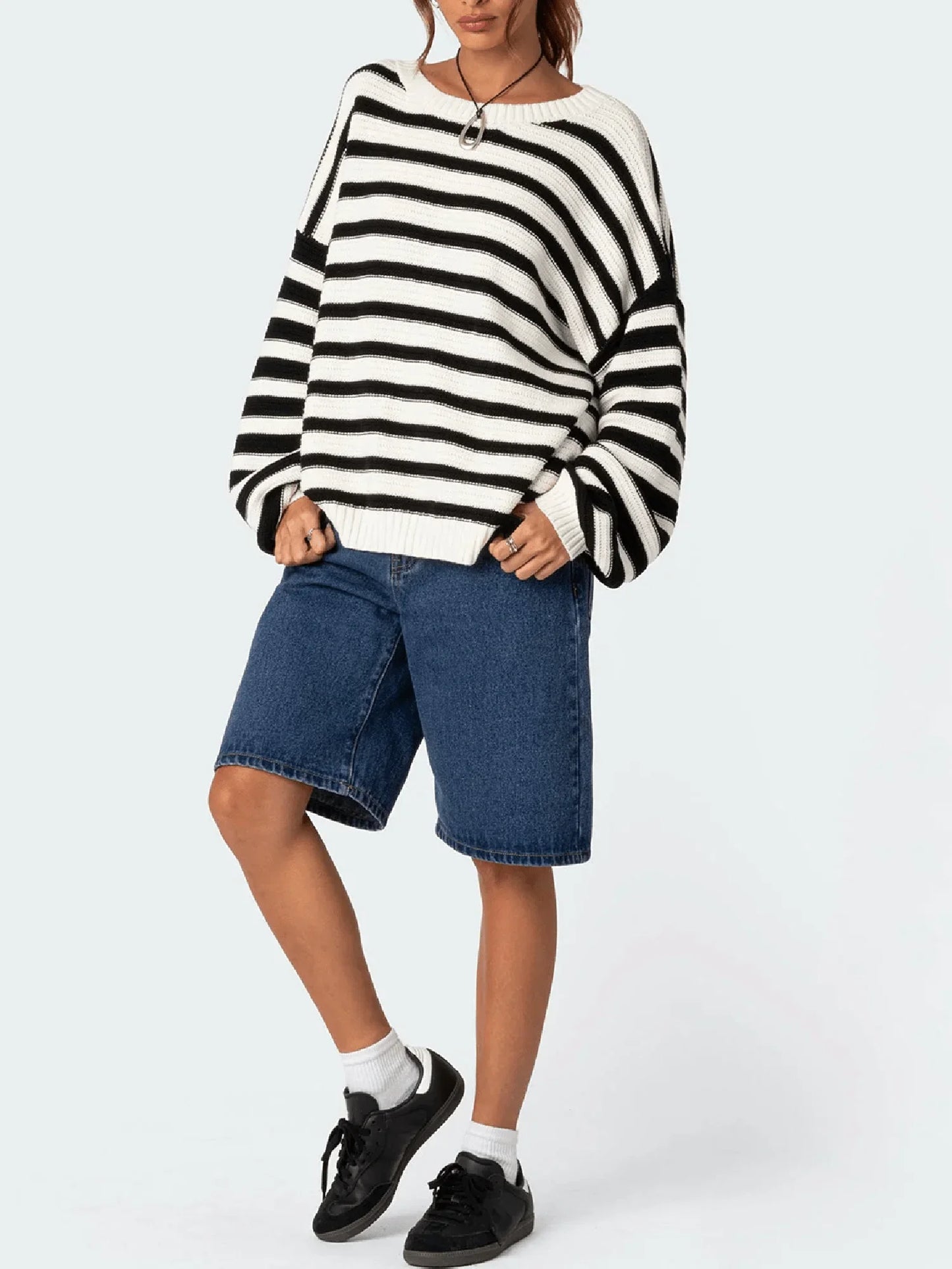 Oversized Striped Knit Sweater Long Sleeve Crew Neck Pullover Casual Vintage Preppy Style