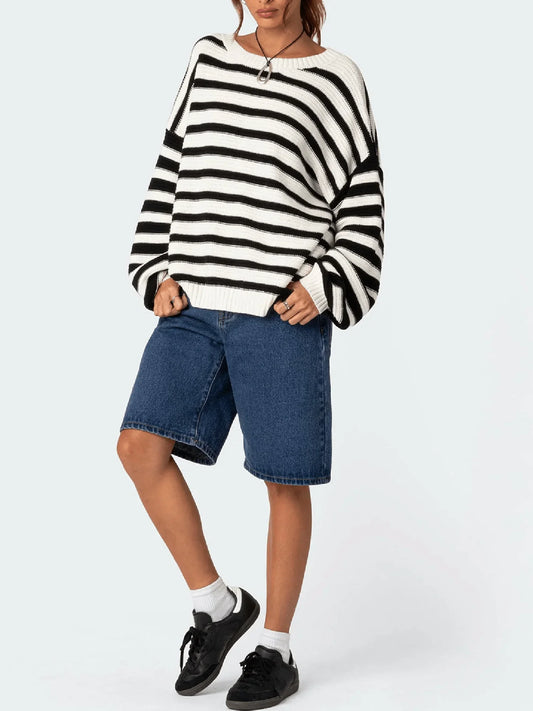 Oversized Striped Knit Sweater Long Sleeve Crew Neck Pullover Casual Vintage Preppy Style