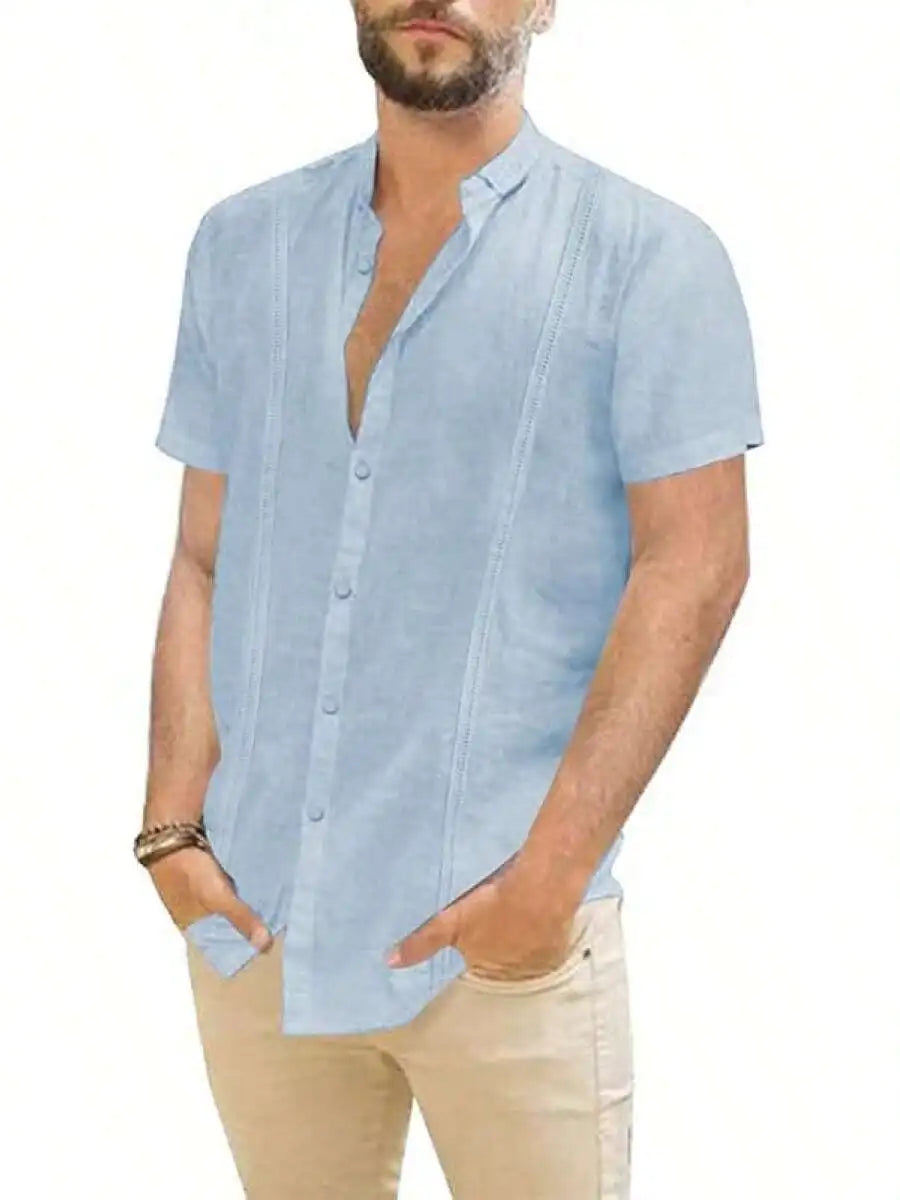Mens Casual Linen Button Down Short Sleeve Shirt Beach Summer Spread Collar