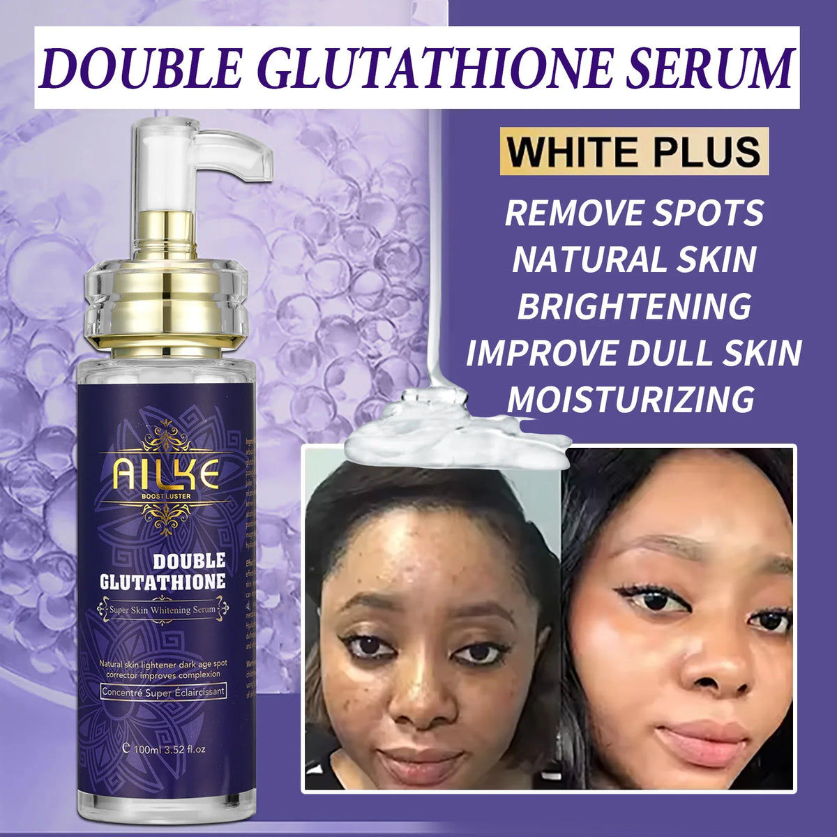 AILKE Double Glutathione Whitening Essence, Moisturizing, Removes Dark Spots, Even Skin Tone Serum For All Skin Types, 100ml