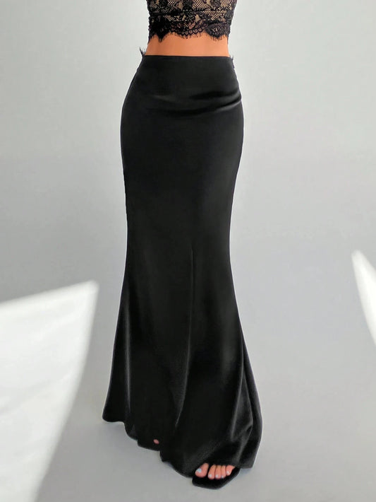 Women Black Satin Mermaid Maxi Skirt High Waist Bodycon Long Skirt Elegant Evening Party Formal Dressy Skirts