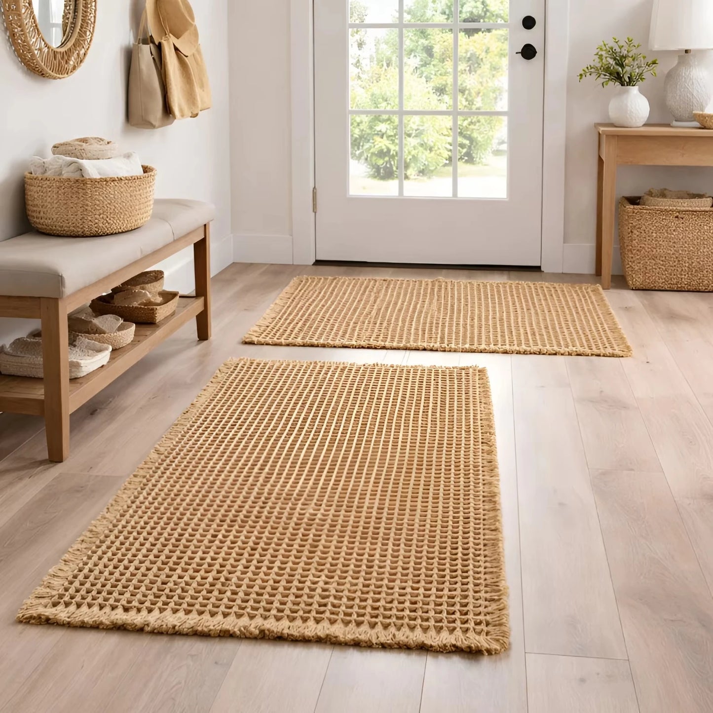 Waffle Bath Mat Boho Non Slip Washable Absorbent Quick Dry