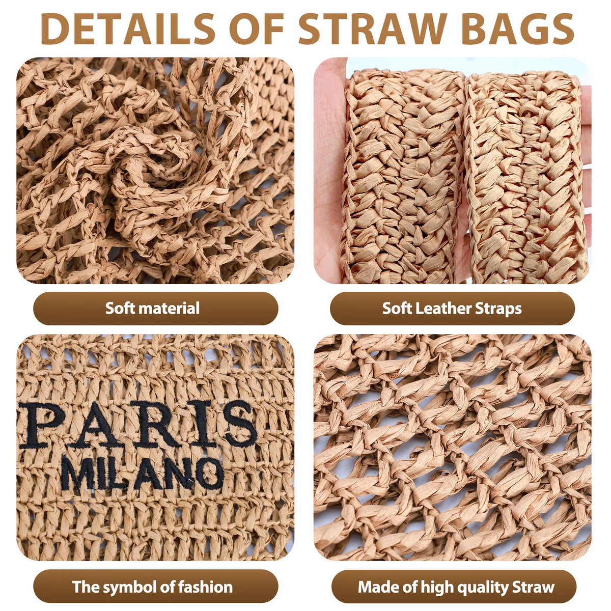 Straw Beach Bags for Women - Women Beach Handmade Woven Tote Bag, Summer Mesh Hollow Shoulder Bag for Holiday