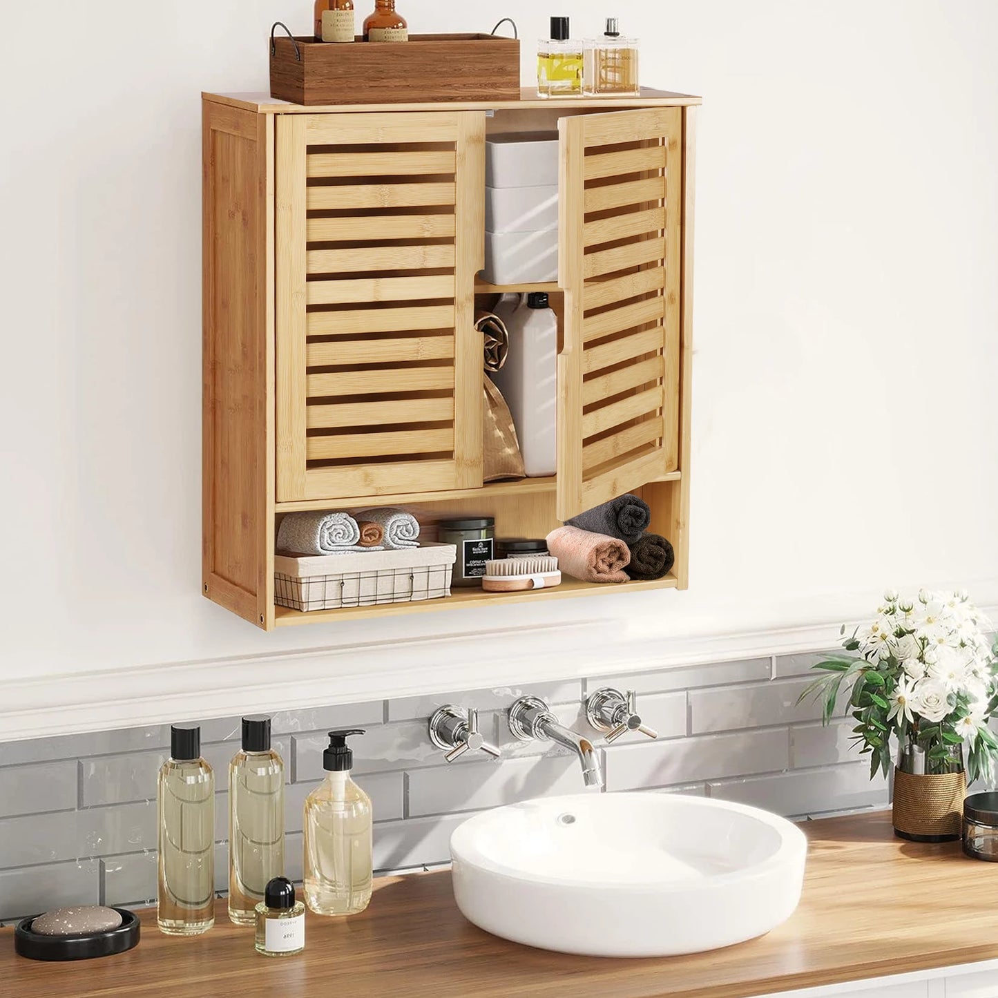 Wall Mounted Bathroom Medicine Cabinet With Adjustable Shelves And Doors