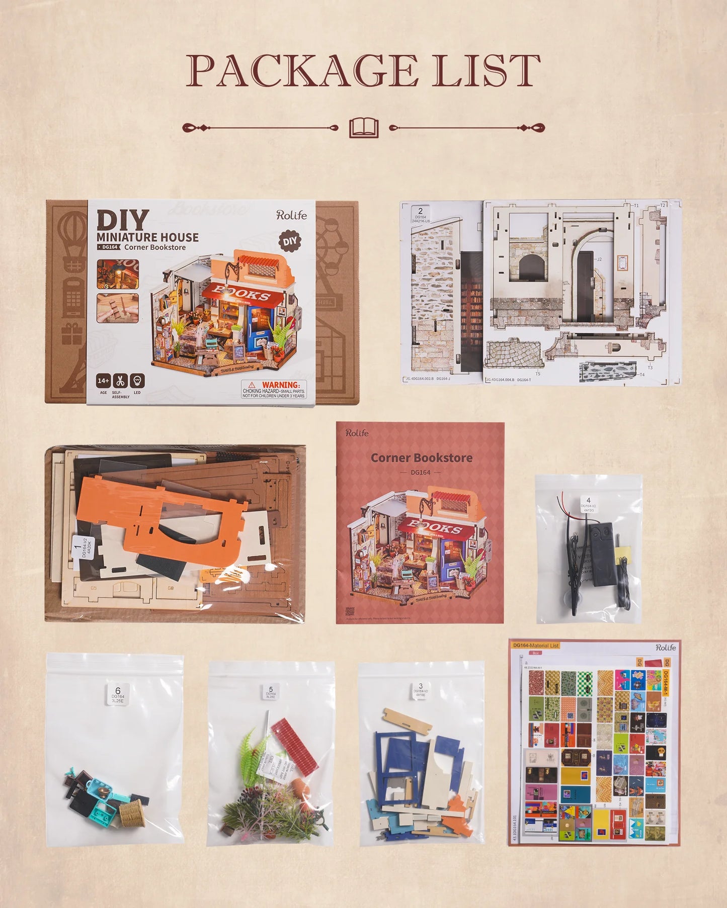 Rolife Wooden Dollhouse 3D Puzzle Toys Corner Bookstore DIY Miniature House Model Building Kit with LED Light for Home Decor Birthday Gift for Adults Friends