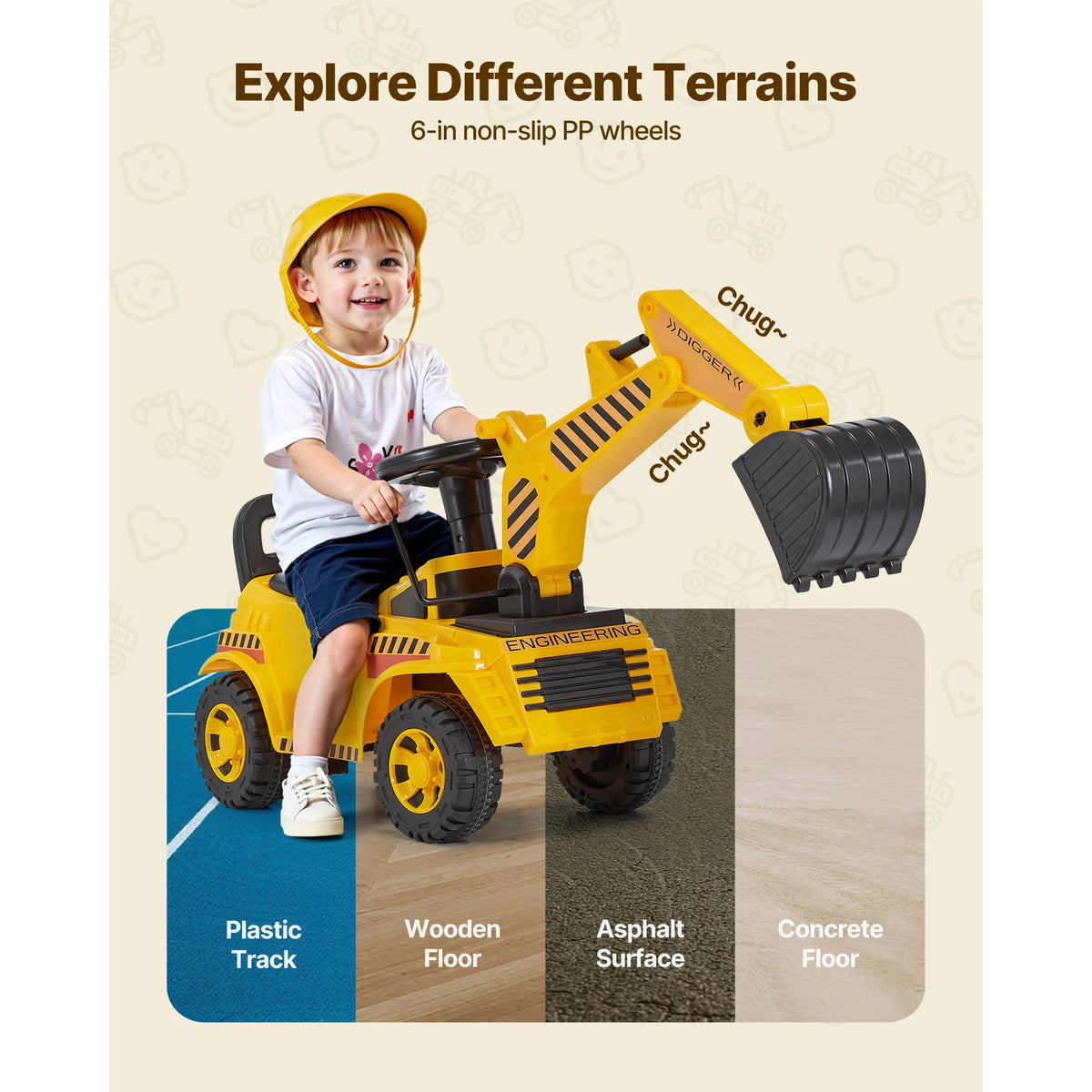 SucceBuy Excavator Digger Toy Ride On Toddler Car with Helmet & Music Foot-to-Floor Walker for Kids Children Birthday Gifts