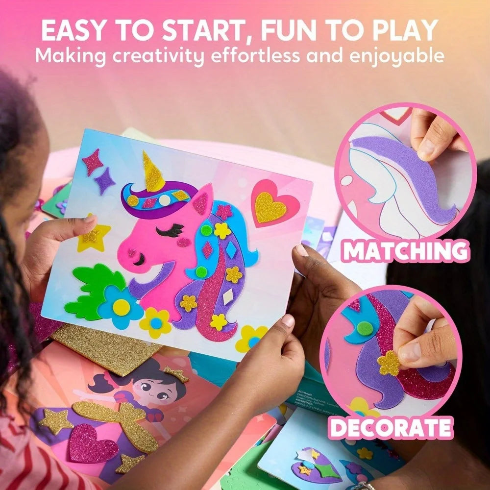 Foam Art Kit for Kids EVA Foam Stickers with 6 Art Board and 800+ Stickers, DIY Arts and Crafts for Boys Girls Age 3+, Unicorns & Princesses Birthday Gifts Travel Toy