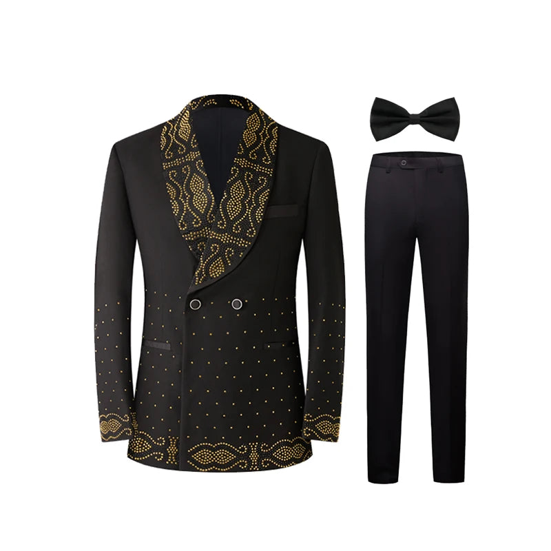 Men's 2‑Piece Tailored Paisley Rhinestone Tuxedo Suit Set‑ Slim Fit Shawl Lapel Long‑Sleeve Suit Jacket & Pants, Formal Outfit for Weddings & Parties