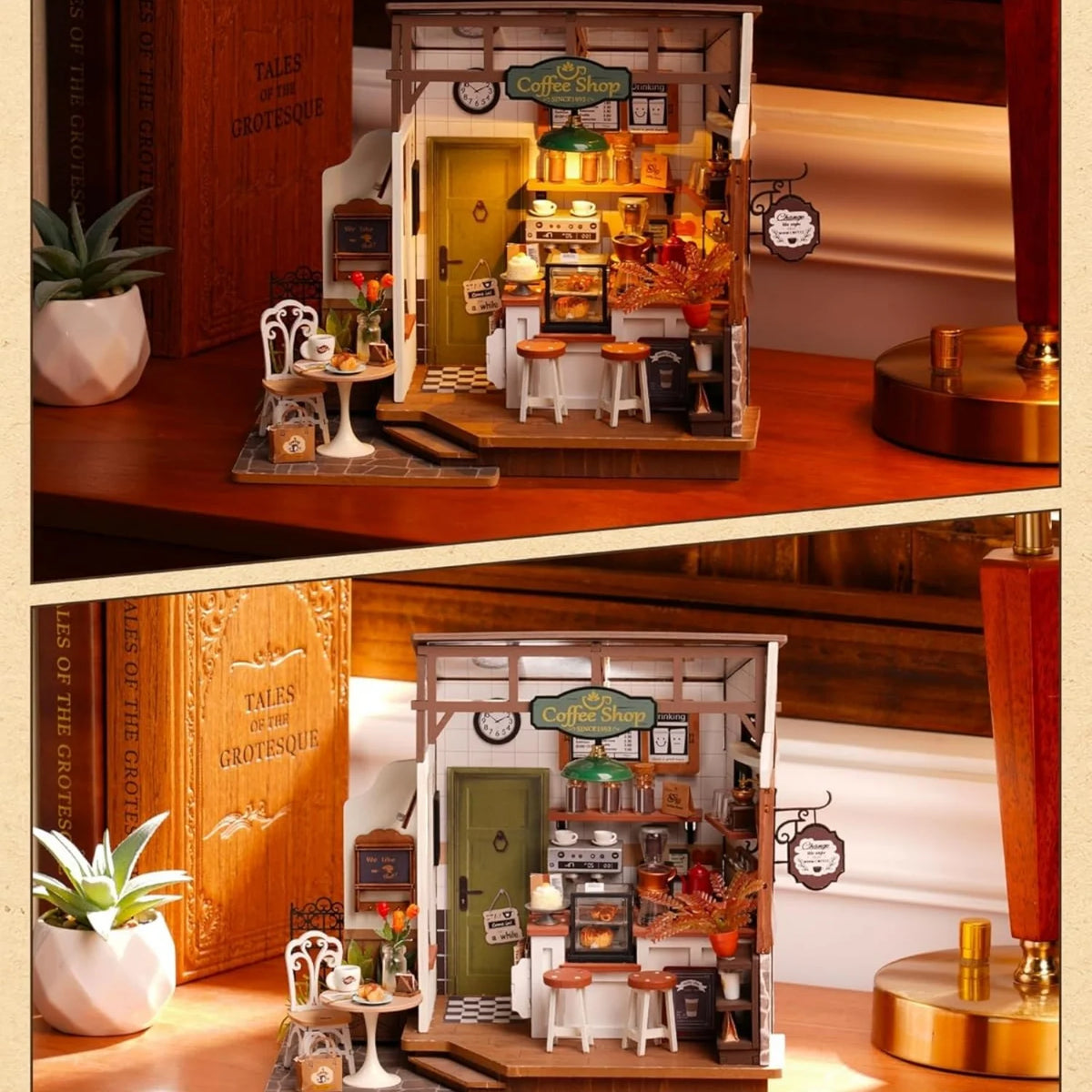 Rolife Wooden 3D Puzzle Flavory Café DIY Miniature House Kit Mini Dollhouse Model Building Kit with LED Light for Desk Decor Gift for Adults Friends