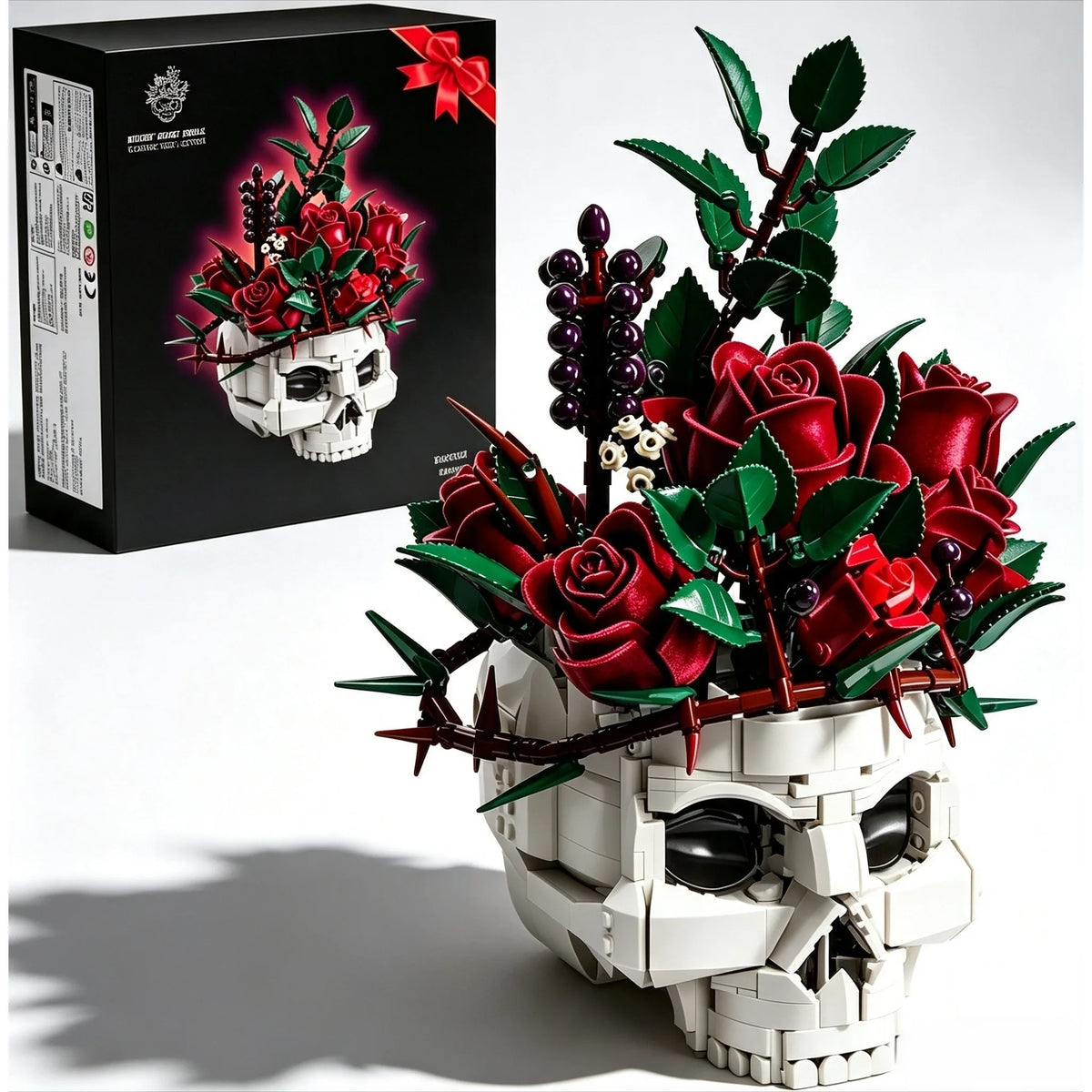 Gothtic Skull Flowers Roses Building Blocks Set for Adults, Horror Skeleton with Red Bouquet Botanical Collection Home Art Decor Gift for Women Girls Halloween Valentine's Day for Adult 1107pcs
