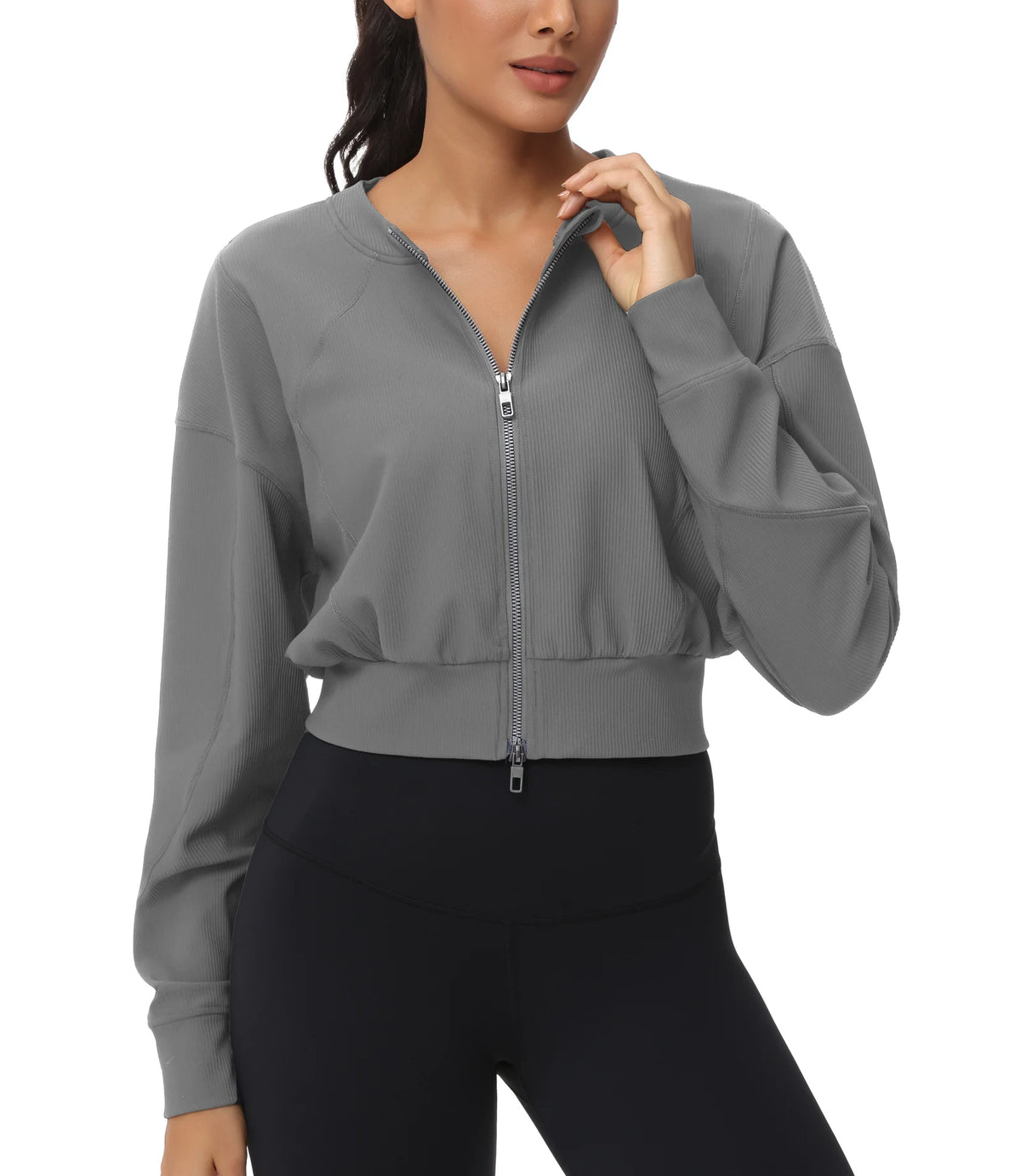 THE GYM PEOPLE Women's Cropped Jackets Full Zip Long Sleeve Ribbed Workout Sweatshirts Lightweight Casual Tops