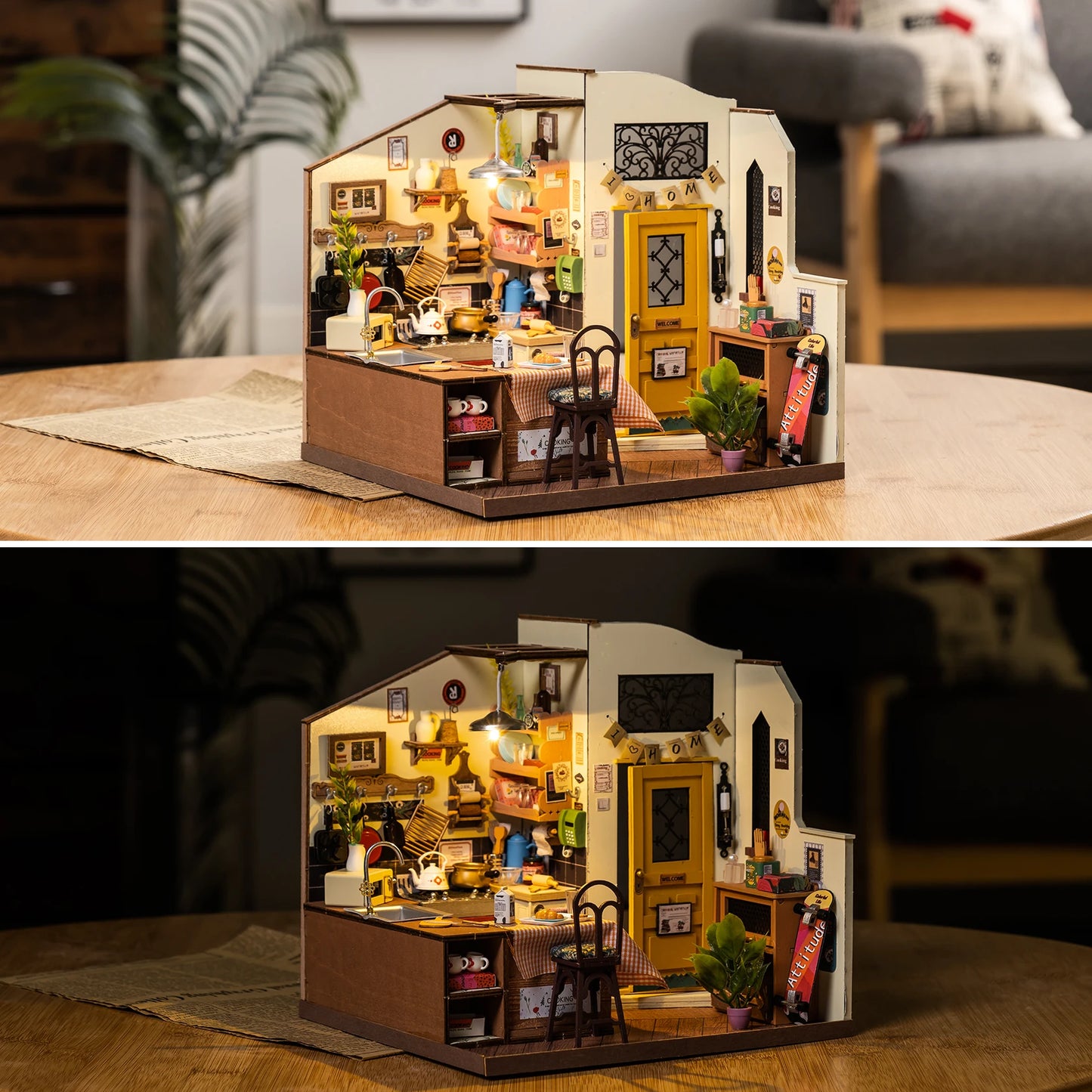 Rolife DIY Miniature House Kit Cozy Kitchen 3D Wooden Puzzle Dollhouse Building Model Kit for Home Decor Gift for Adults Friends