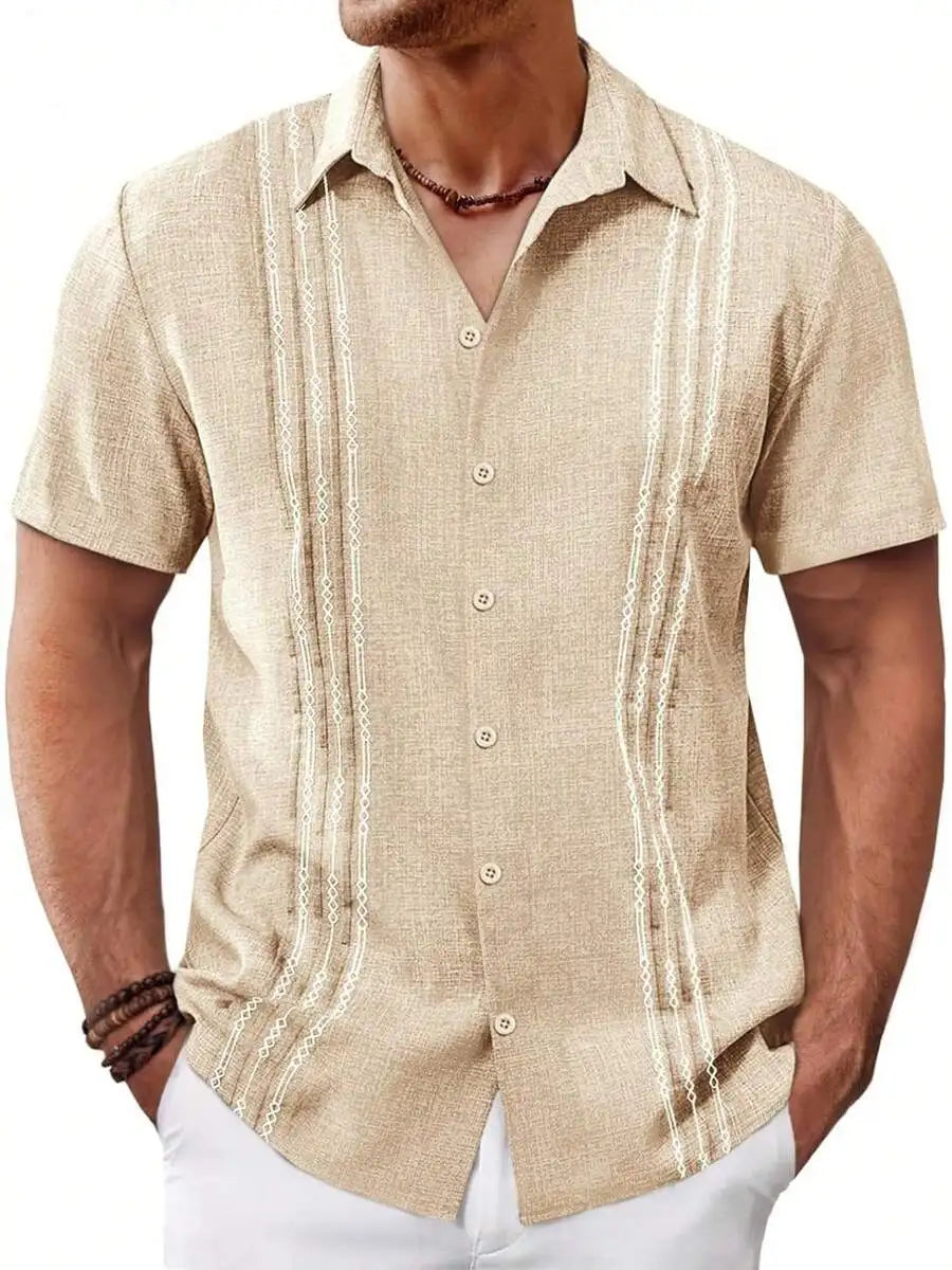 Mens Short Sleeve Button Up Shirt Casual Embroidered Linen Blend Summer Beach Wedding