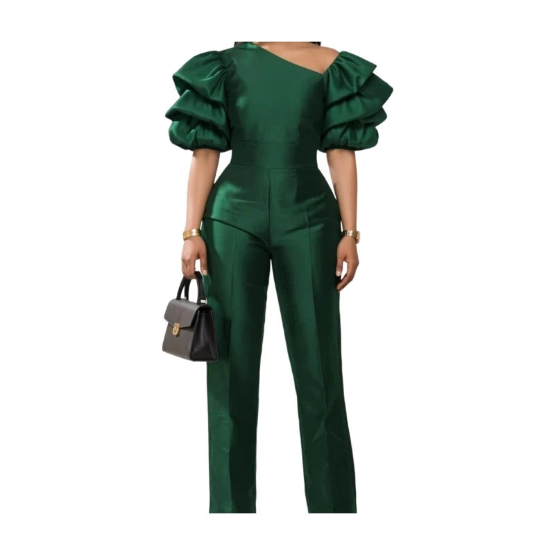 Autumn Winter Women One Shoulder Puff Sleeve Jumpsuit High Waist Straight Leg Jumpsuit For Party Banquet Formal Event Attire