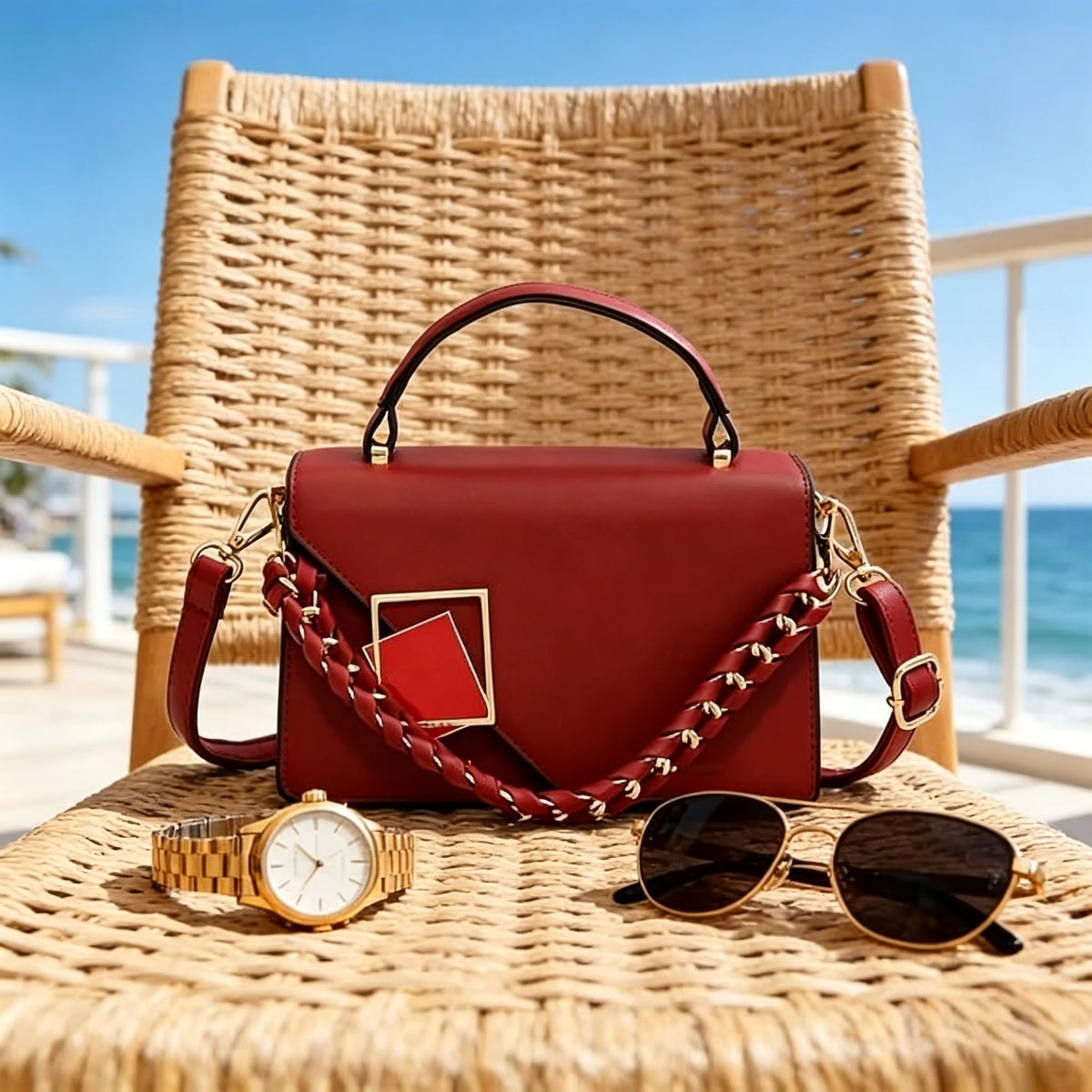 Women Small Square Handbag PU Leather Chain Shoulder Crossbody Bag Geometric Metal Lock Flap Top‑Handle Purse For Daily Work Shopping