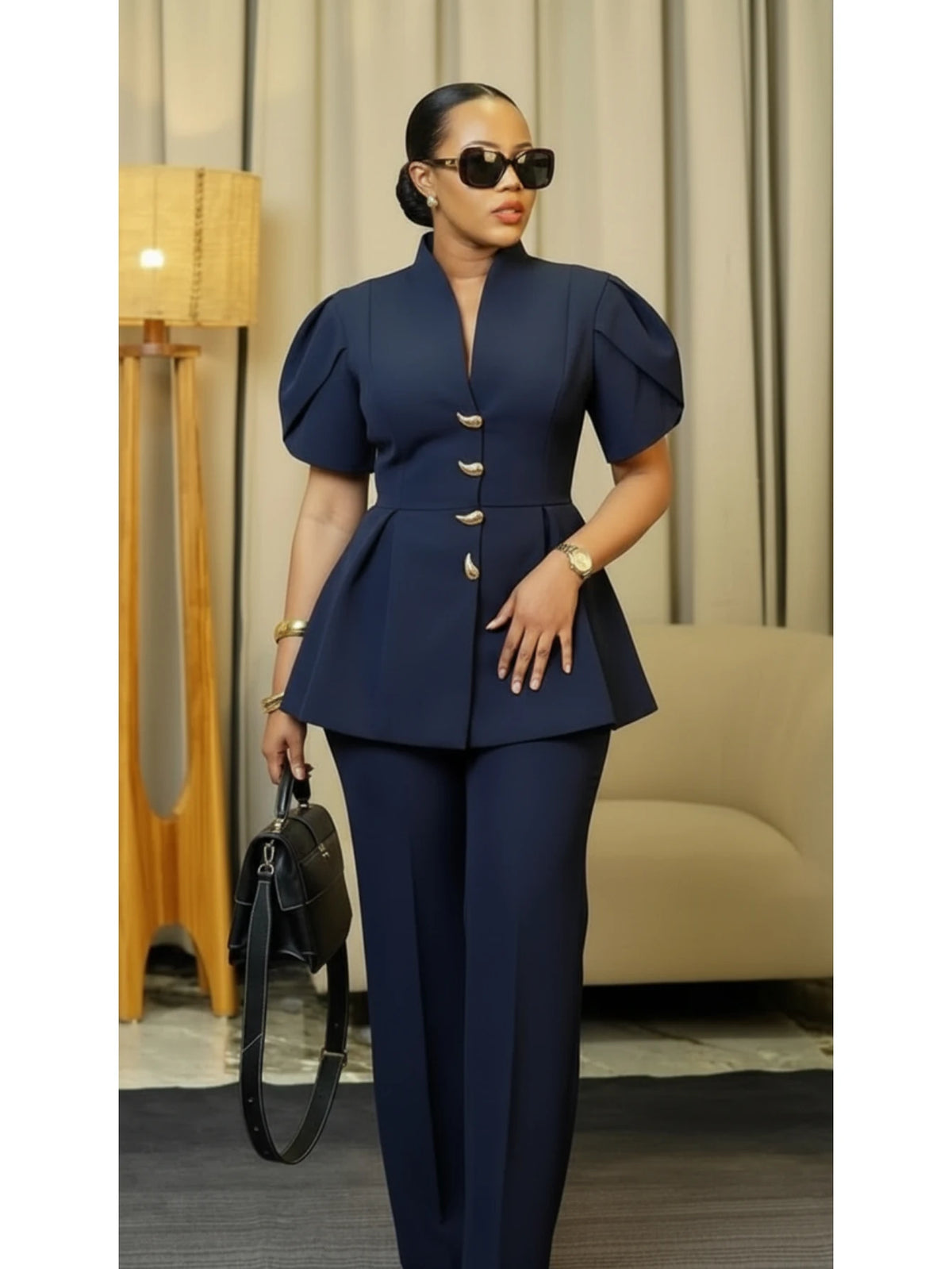 Women Stand Collar Puff Sleeve Button Peplum Top And Straight Leg Pants For Elegant Office Business And Daily Occasion