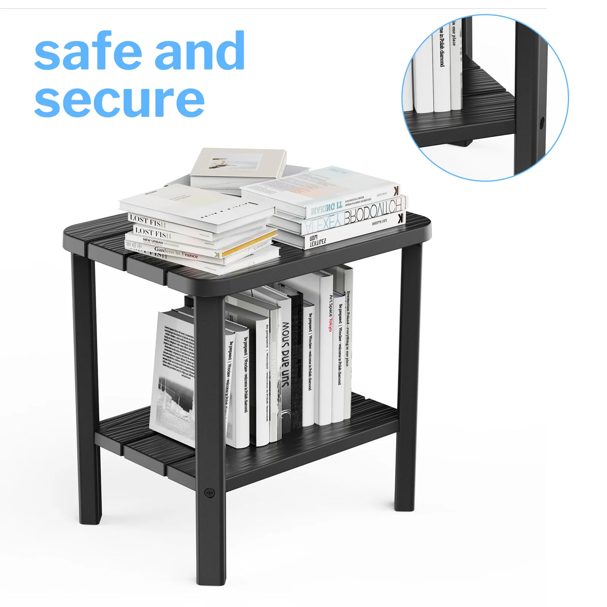2-Tier Plastic Outdoor Side Table Weather Resistant Patio End Table, Multifunctional Backyard Pool Side Storage Table