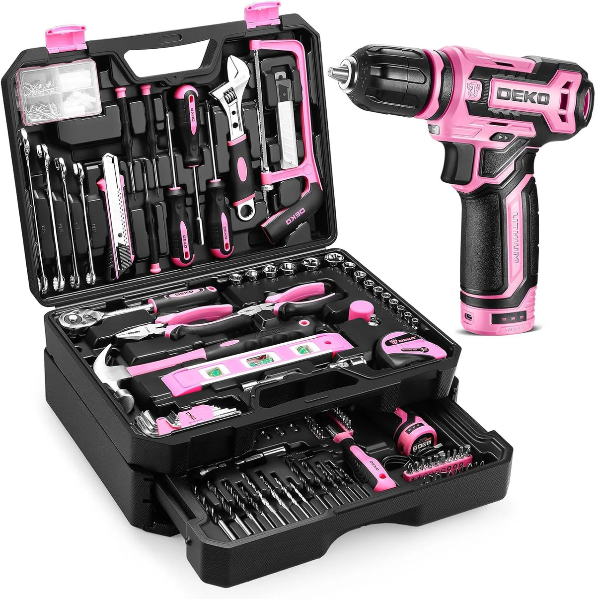 DEKO Home Mechanic Toolbox With Cordless Drill And Repair Tools
