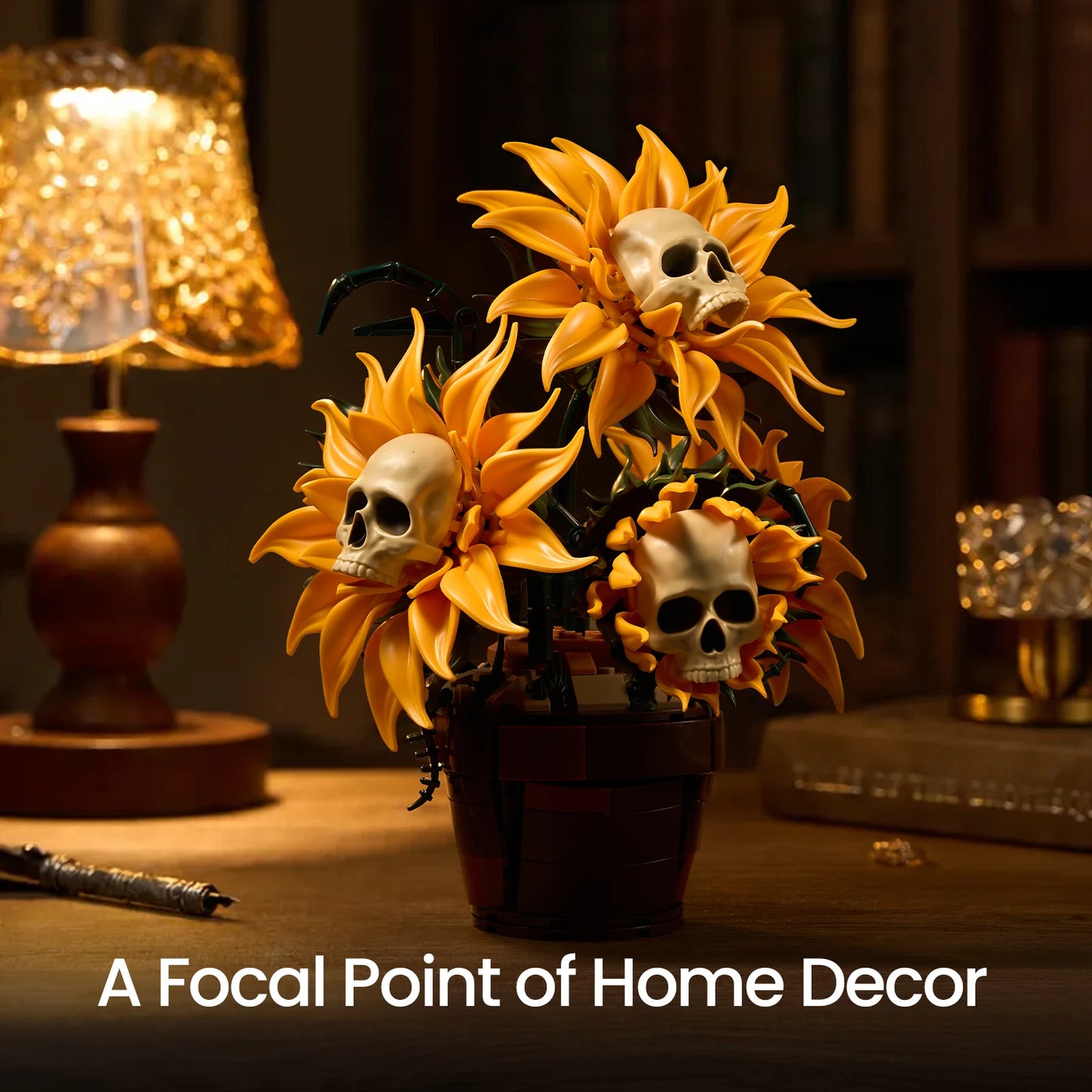 Skull Sunflower Pot Building Blocks Set Yellow Flower Bricks Skeleton Model Gothic Floral Home Decoration Ornament Halloween Gift for Adult