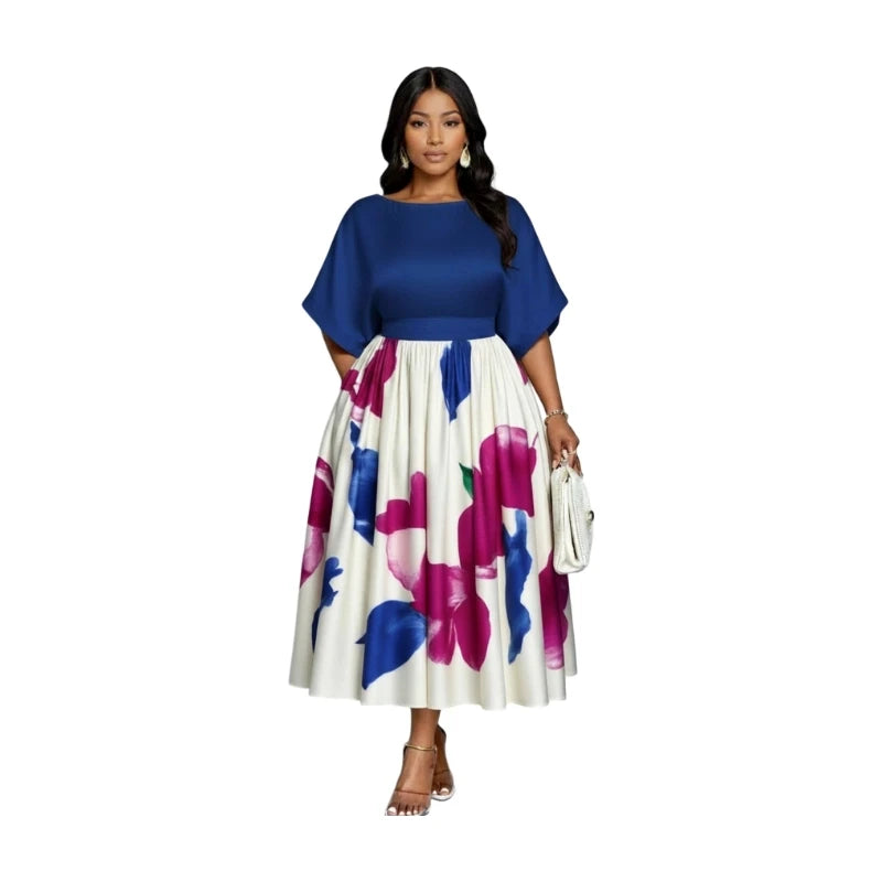 Women Pleated Floral Midi Dress Batwing Sleeve Polyester Elegance
