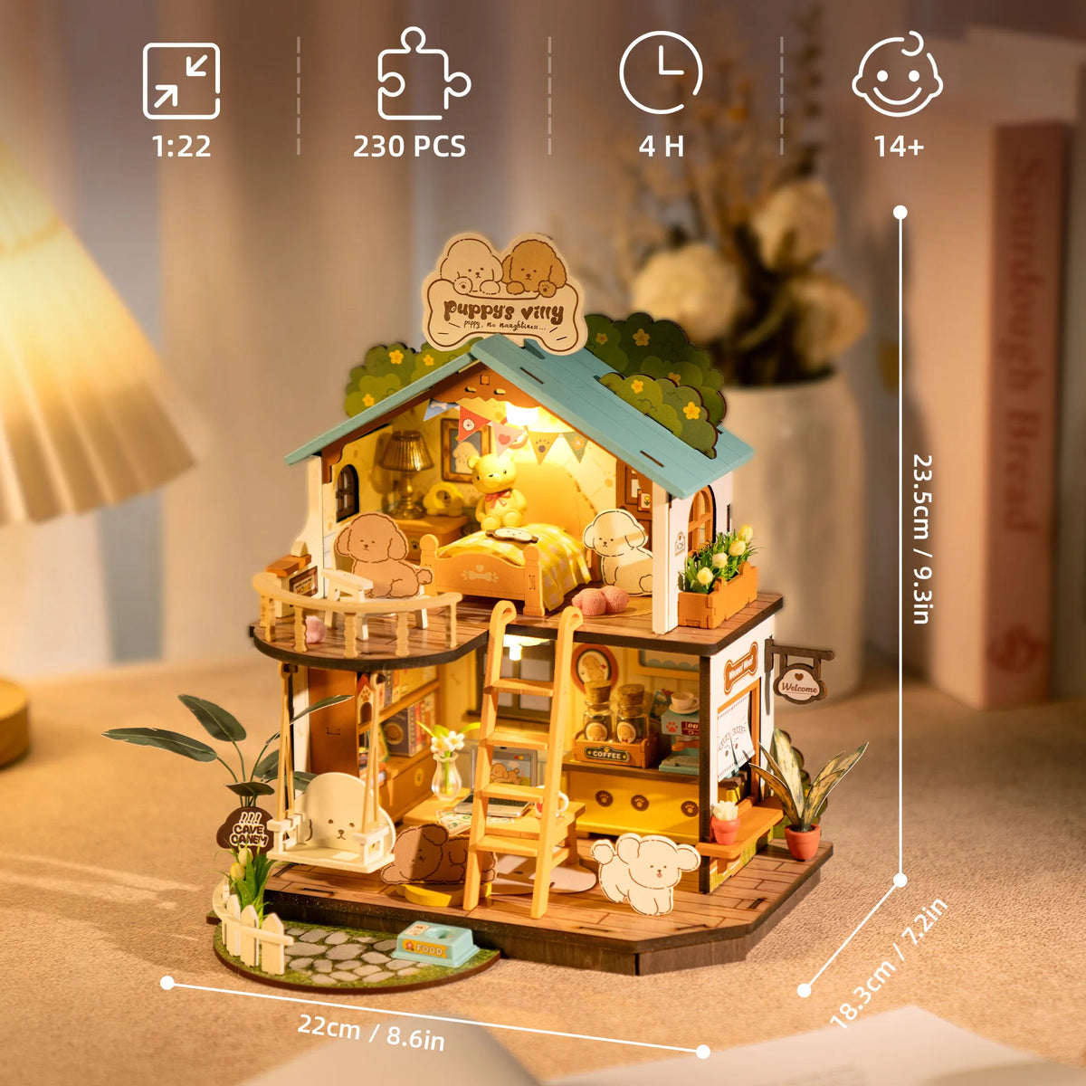 Rolife DIY Miniature House Kit Puppy's Cozy Villa Mini 3D Wooden Puzzle Dollhouse Model Building Kit Gift for Teens Kids Friends