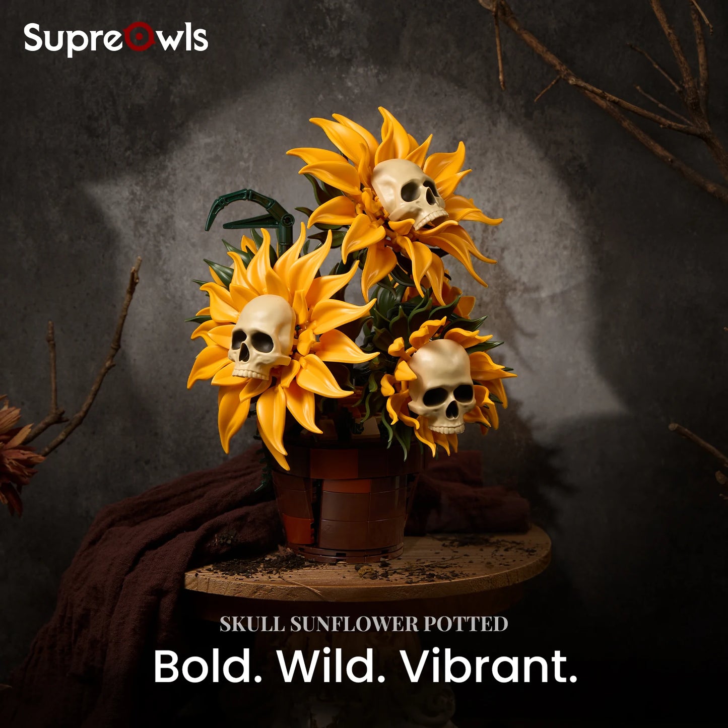 Skull Sunflower Pot Building Blocks Set Yellow Flower Bricks Skeleton Model Gothic Floral Home Decoration Ornament Halloween Gift for Adult