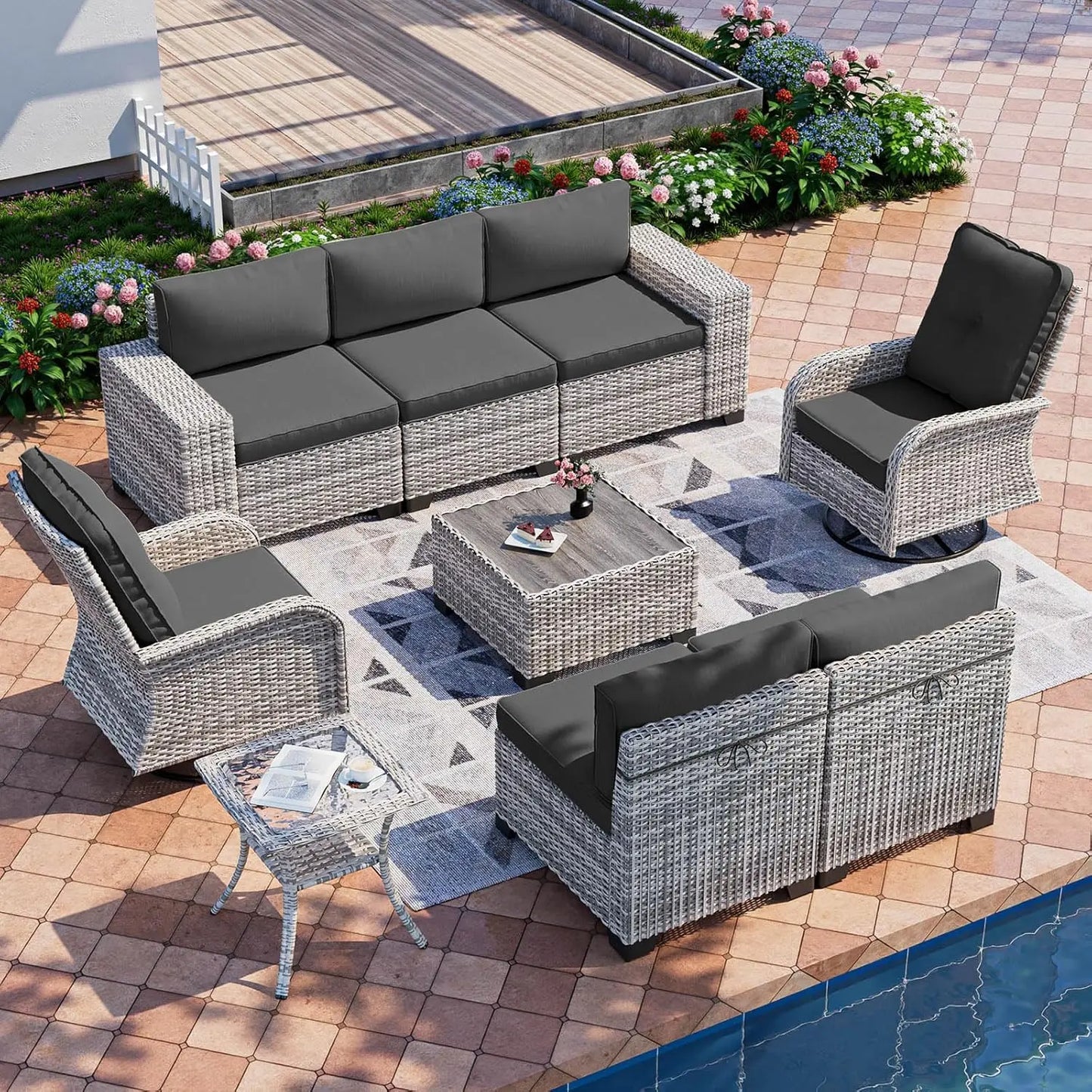 9-Piece Outdoor Patio Furniture Set with Rocking Swivel Chair Wicker Sectional Sofa Set, Patio Conversation Set with, Custom