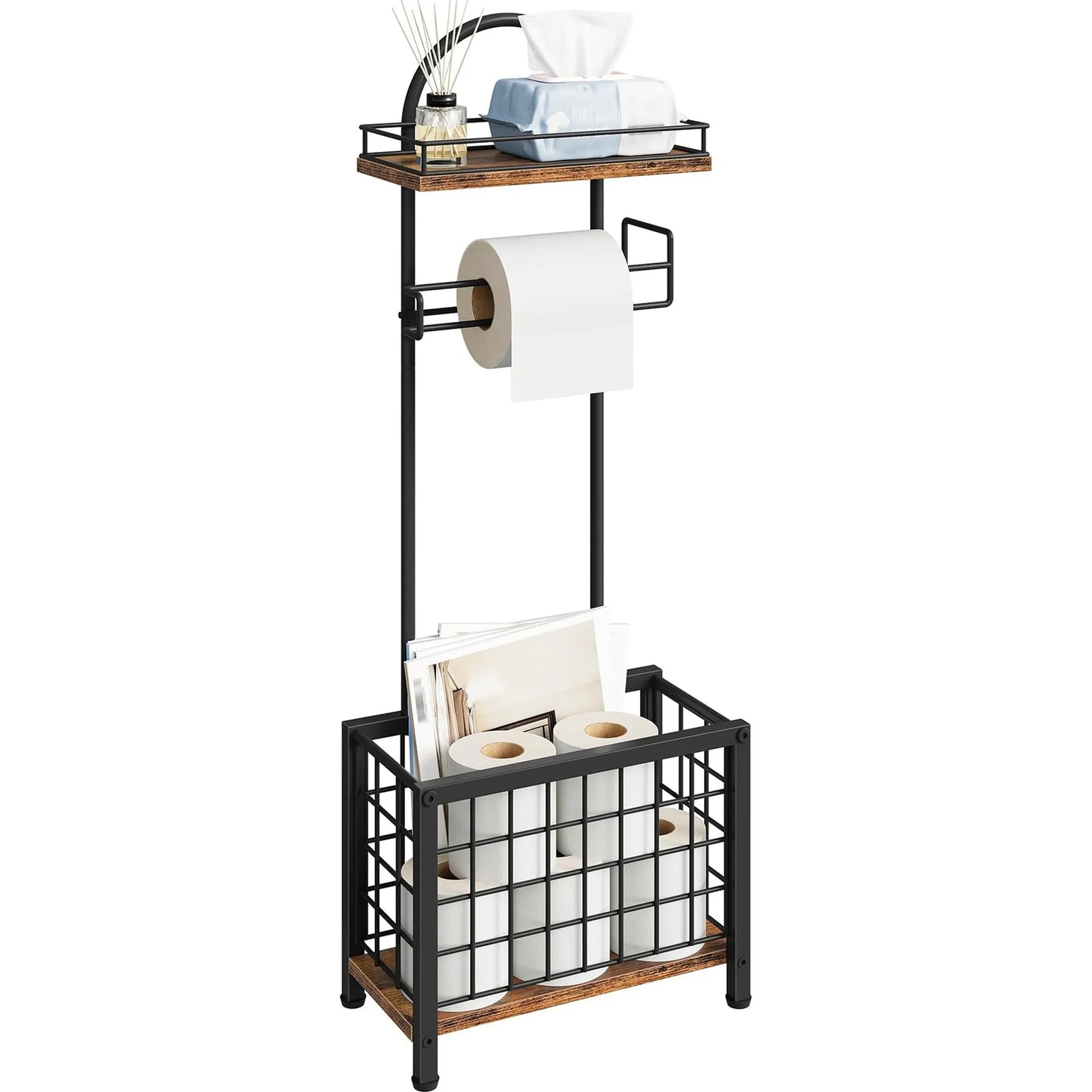 Freestanding Three Tier Bathroom Toilet Paper Holder With Storage Basket