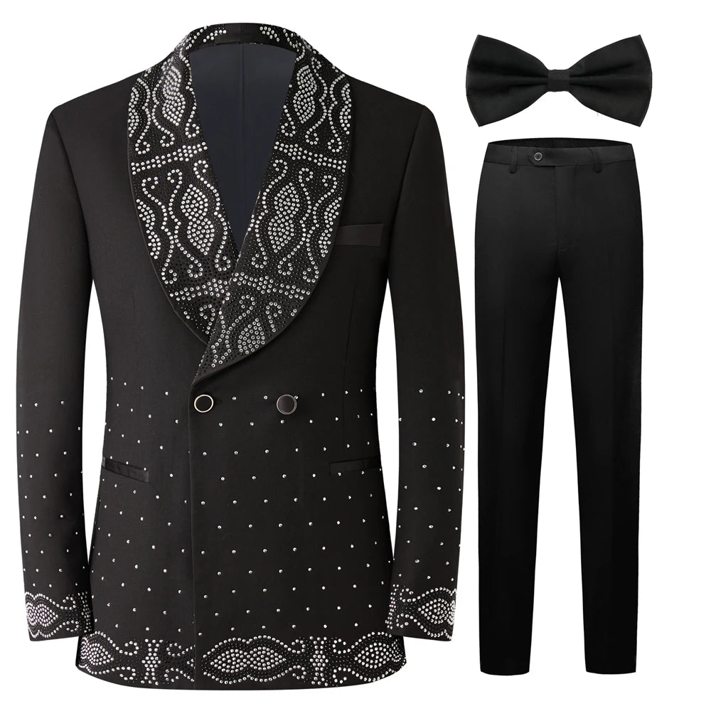 Men Black 2 Pieces Tuxedo Suit Silver Rhinestone Embroidery Shawl Lapel Double Breasted Blazer Pants Set Wedding Groom Prom Party Formal Suit