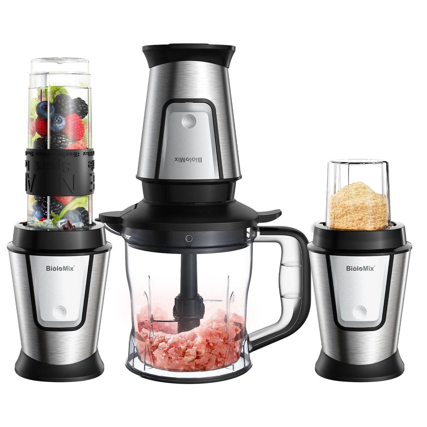 BioloMix 700W 3-in-1 Multifunctional Portable Food Processor Juicer Blender Smoothie Mixer Food Chopper Dry Grinder for Kitchen