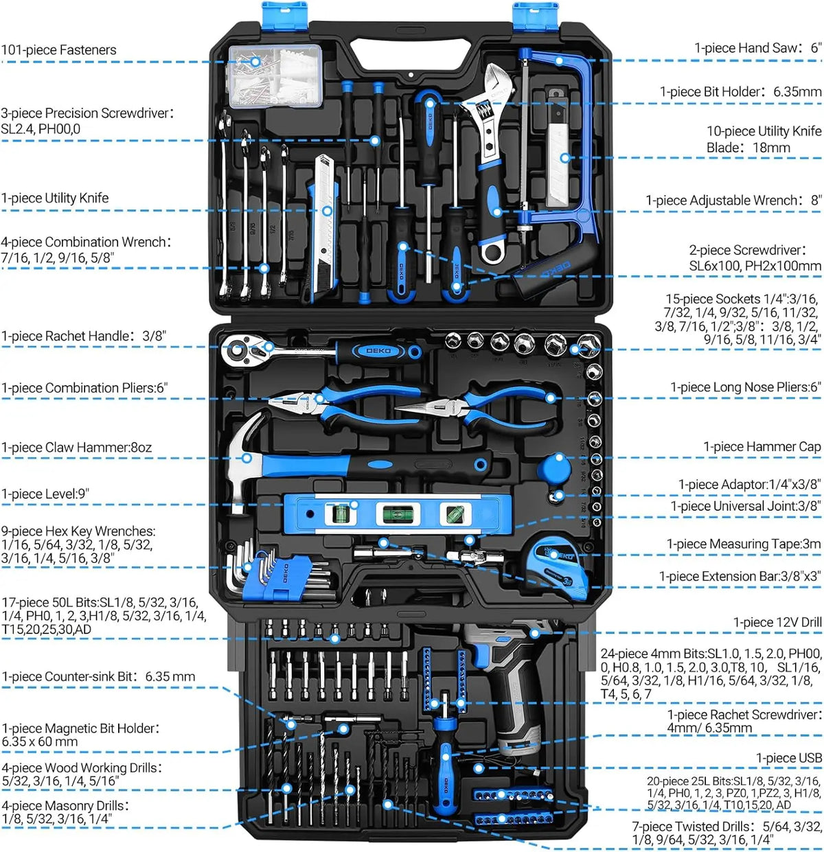 DEKO Cordless Drill Toolbox and Household Repair Tool Set