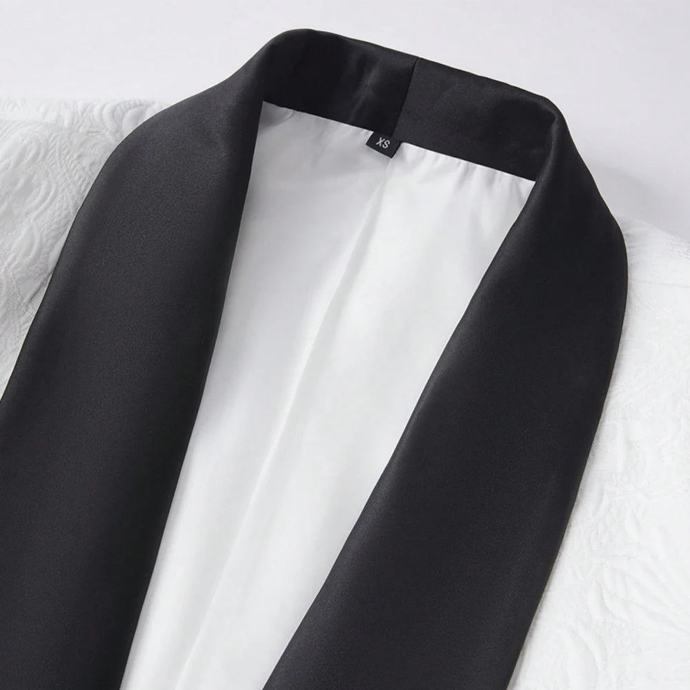 Men Double Breasted White Jacquard Tuxedo 2PCS Black Satin Shawl Lapel Suit Jacket Pants Formal Prom Banquet Wedding Groom Outfit