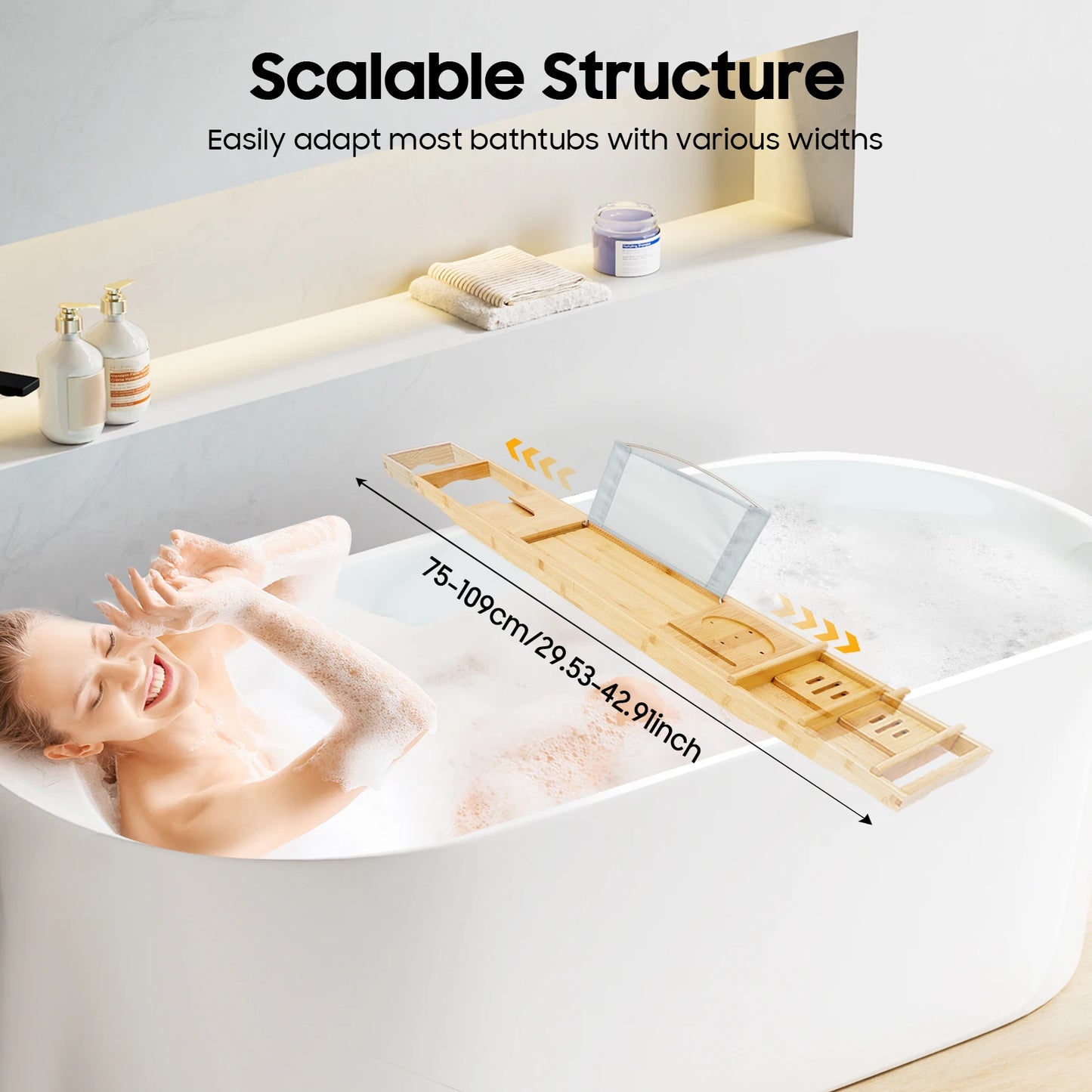 Bamboo Bathtub Tray Expandable Bathroom Tray with Reading Rack or Tablet Holder, Premium Bath Tray Includes a Wine Glass Holder