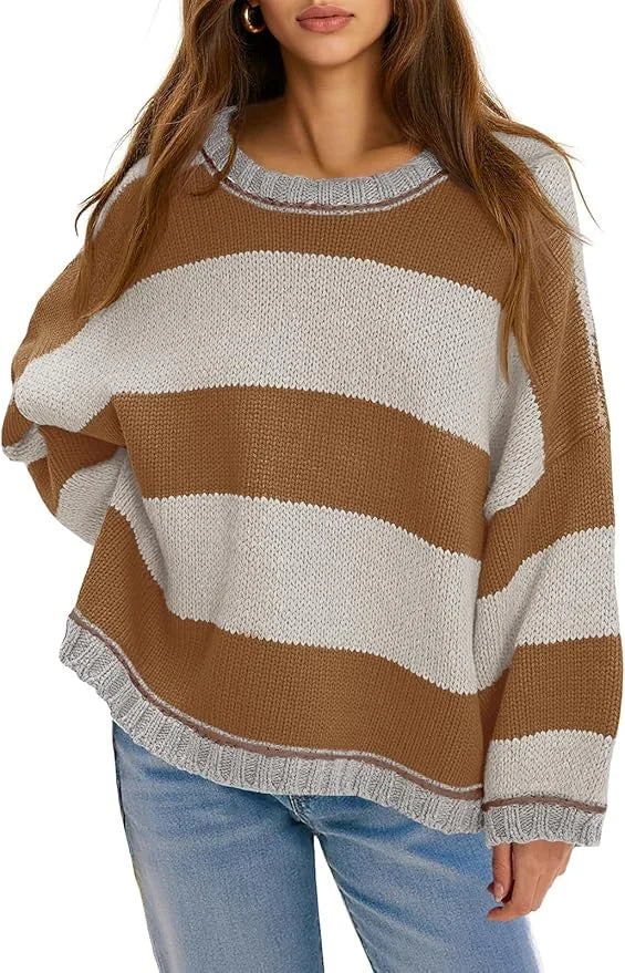 Fisoew Womens Oversized Sweaters Casual Long Sleeve Striped Color Block Crewneck Knitted Loose Fall Pullover Tops