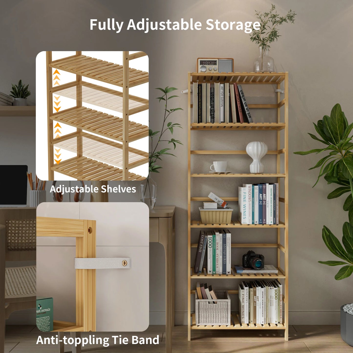 Six Tier Bamboo Bookshelf Free Standing Flower Rack Adjustable Shelves