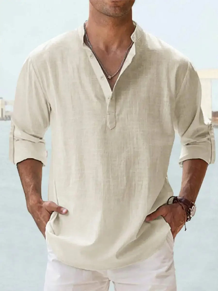 Mens 100% Cotton Stand Collar Long Sleeve Loose Fit Casual Shirt