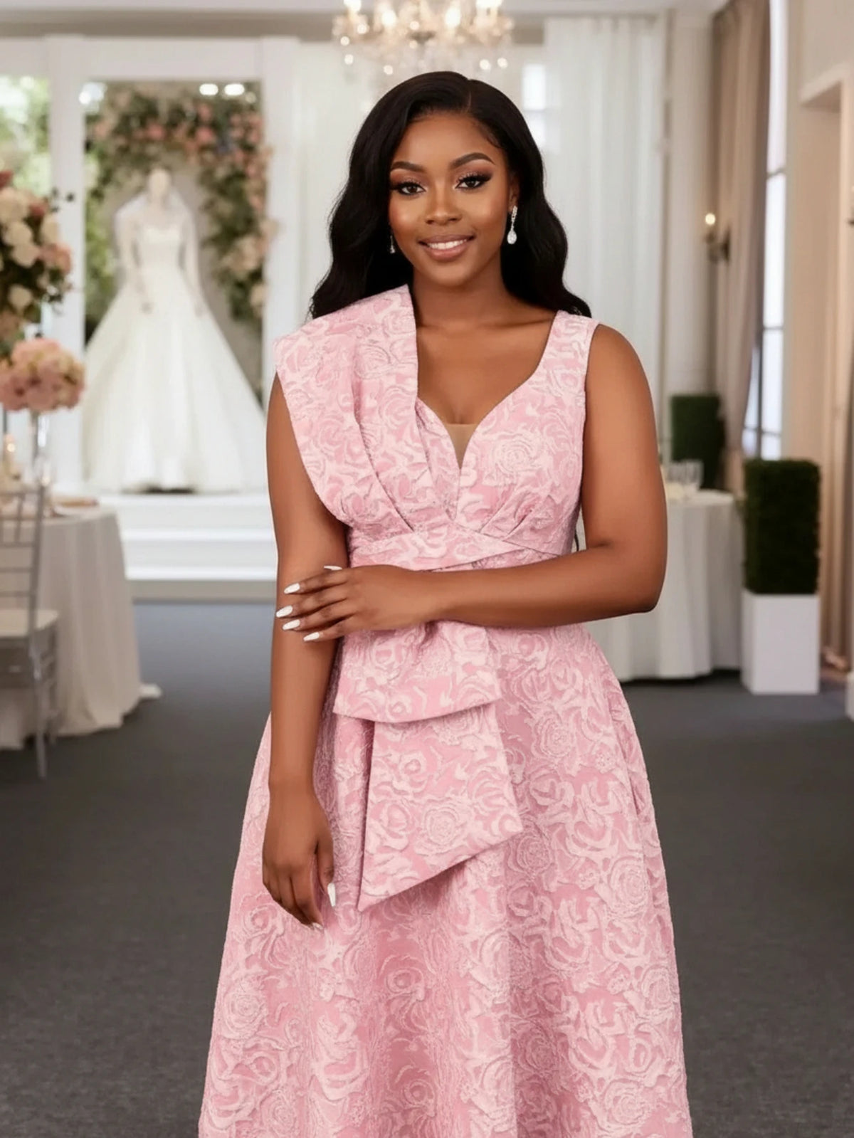 Women Plus Size V Neck Sleeveless Big Bow Decor Midi Dress Elegant A Line Flared Dress For Wedding Guest Formal Occasion