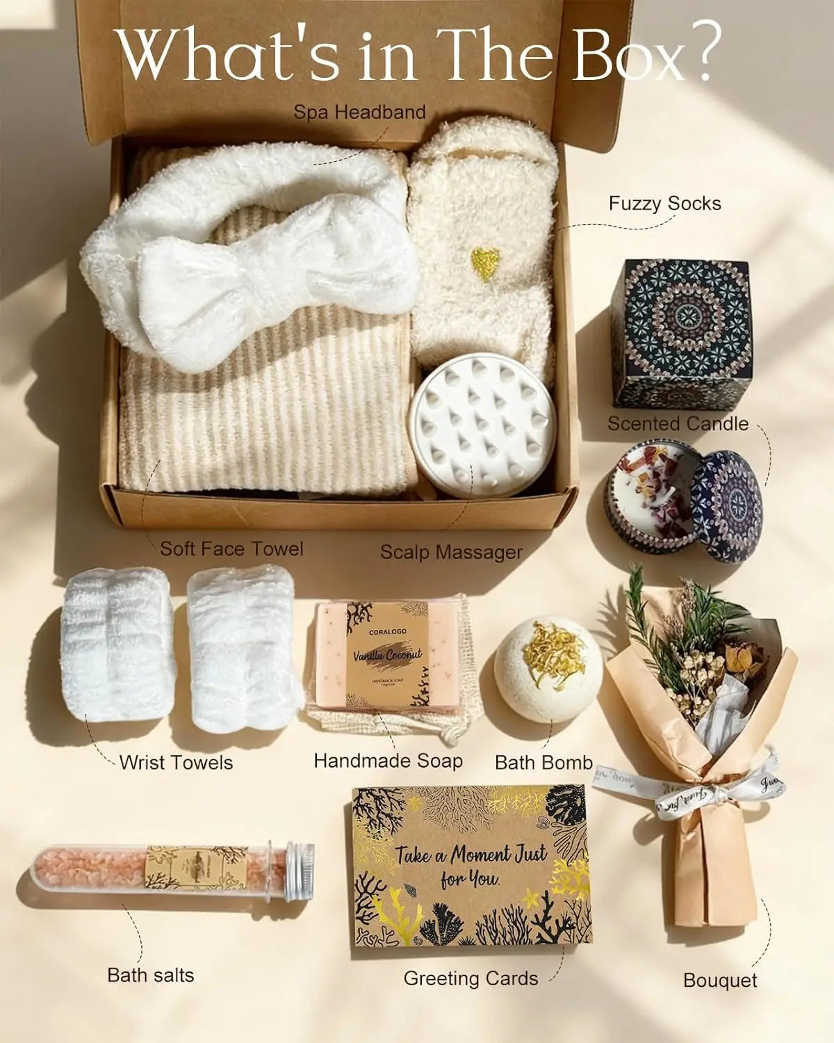 Natural Spa Gift Baskets 11pcs for Women Mom Wife - Self Care Pampering Set with Bath Bombs, Salts, Candle, Soap, Socks