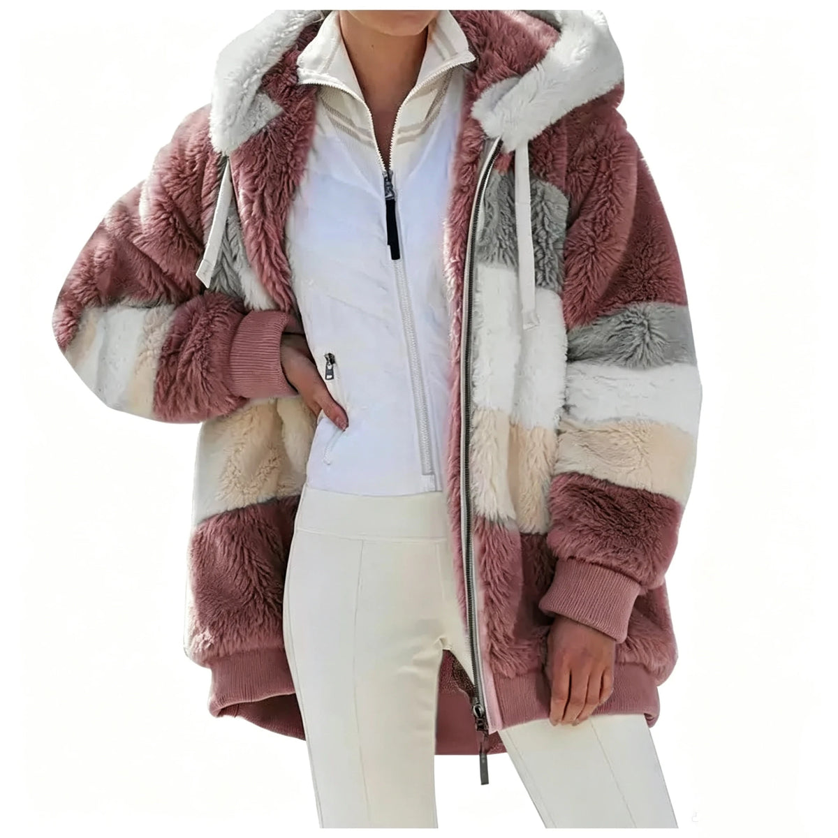 Women's Plaid Quilted Hooded Plush Jacket With Zipper Pockets